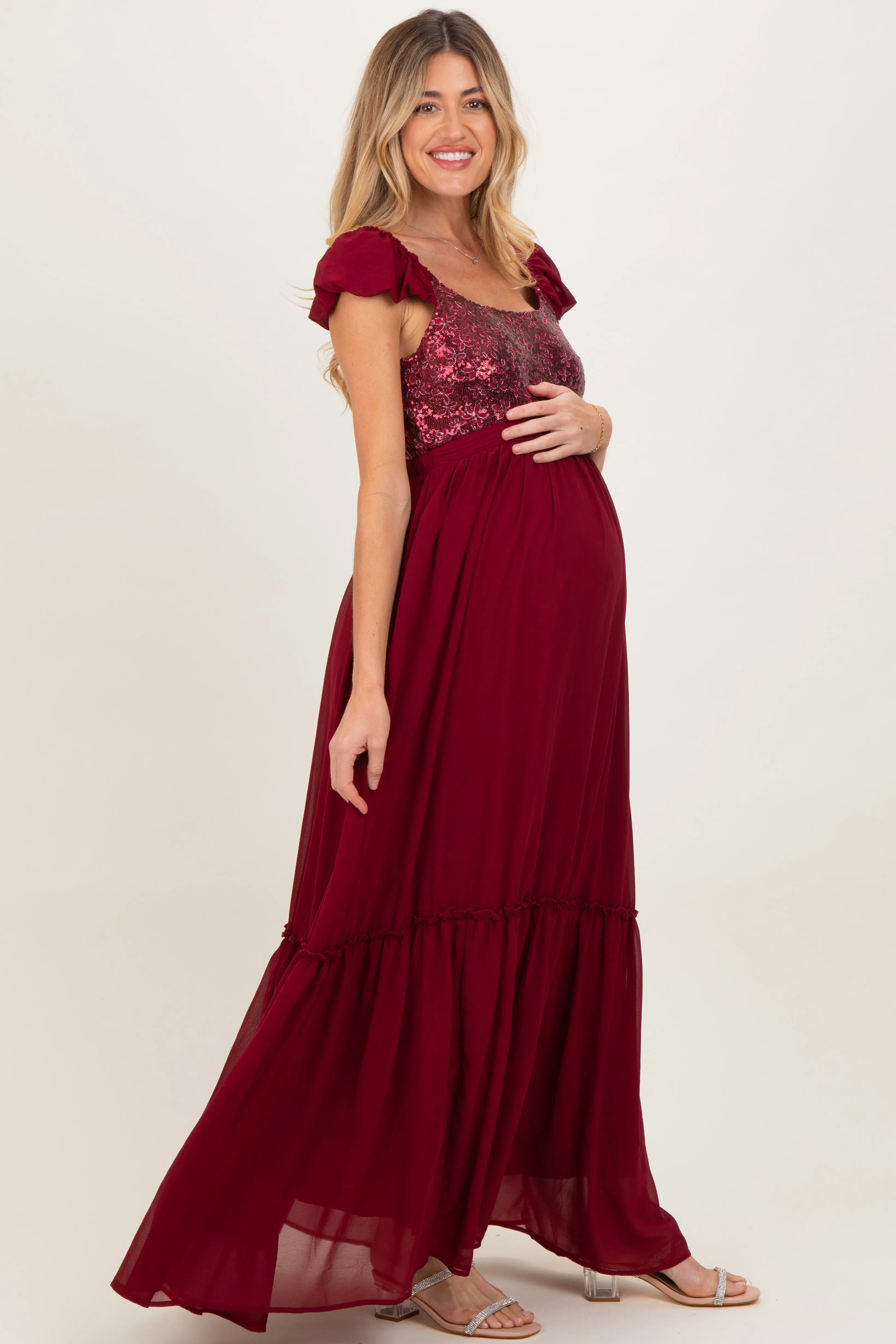 Burgundy Chiffon Sequin Bodice Maternity Maxi Dress sold by Pinkblush product image thumbnail 3