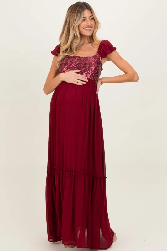 Burgundy Chiffon Sequin Bodice Maternity Maxi Dress sold by Pinkblush