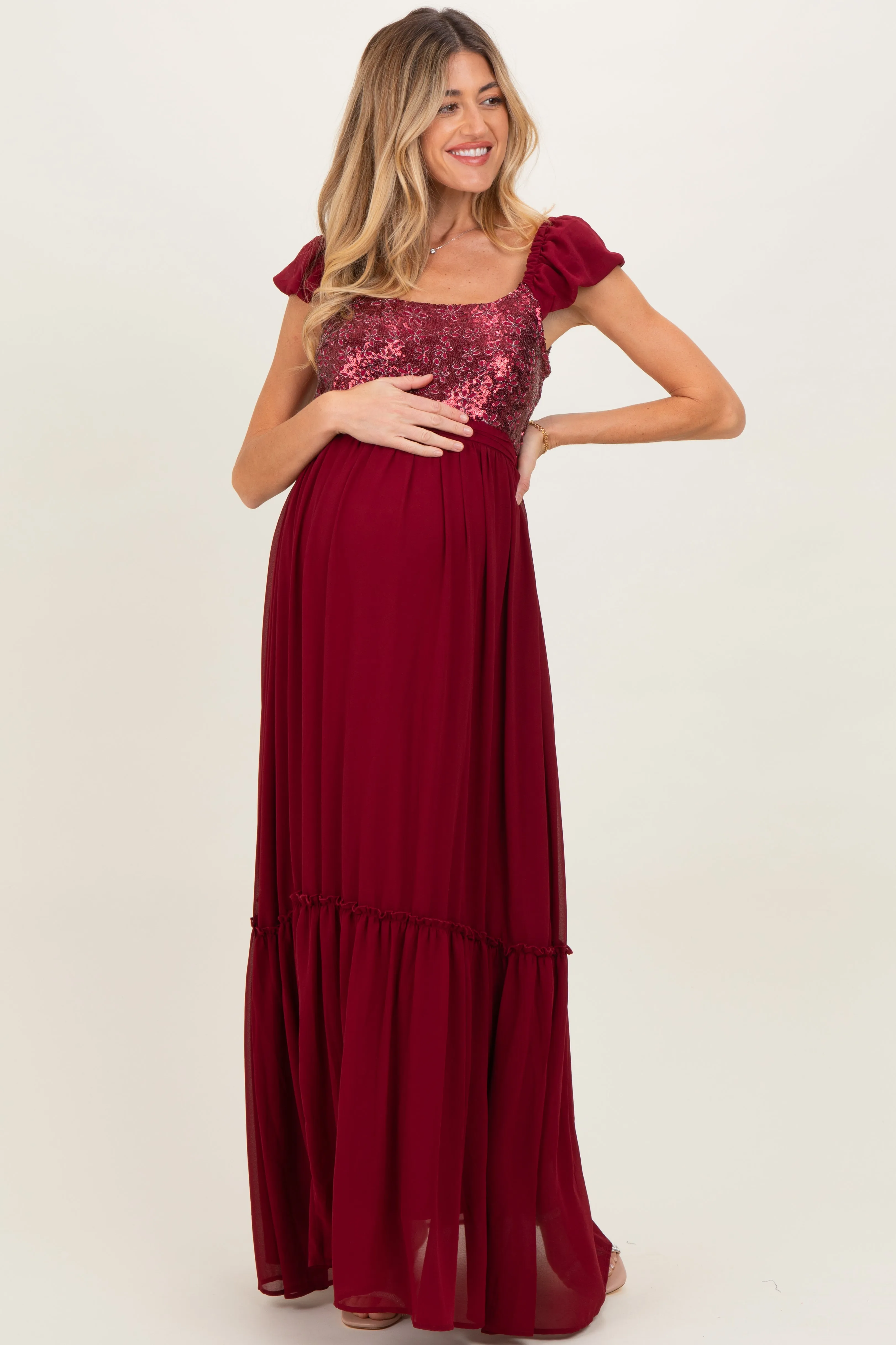 Burgundy Chiffon Sequin Bodice Maternity Maxi Dress sold by Pinkblush