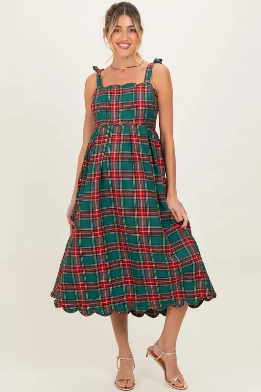 Green Plaid Shoulder Tie Scallop Hem Maternity Midi Dress sold by Pinkblush