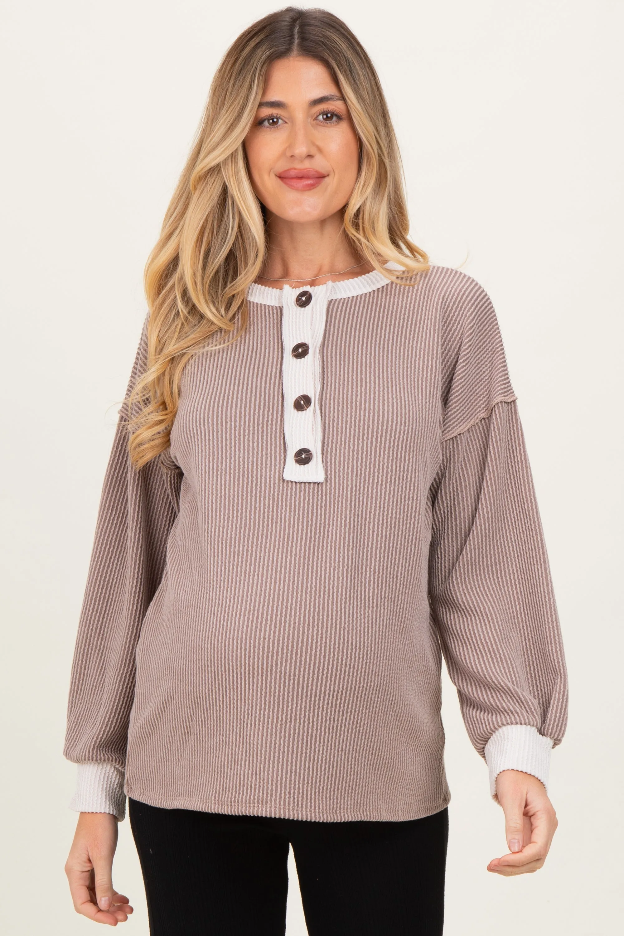 Mocha Long Sleeve Contrast Button Detail Rib Maternity Top sold by Pinkblush