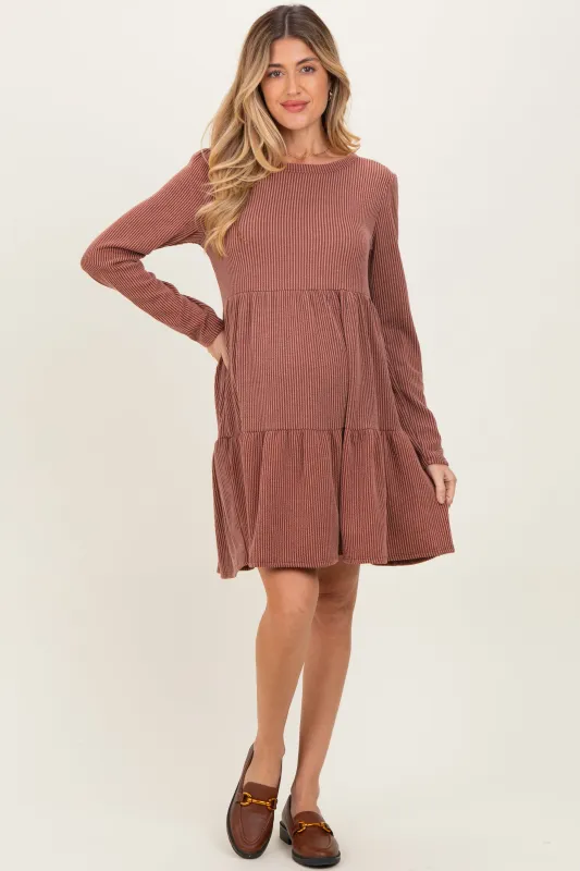 Rust Textured Rib Tiered Long Sleeve Maternity Dress sold by Pinkblush