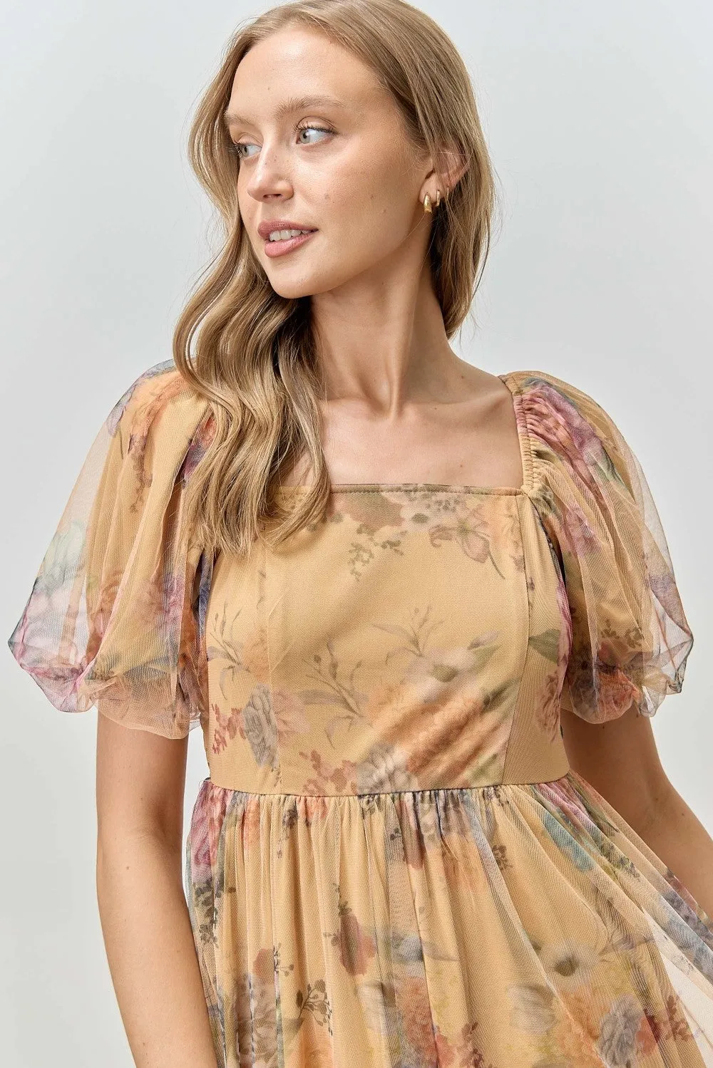 Yellow Floral Tulle Puff Sleeve Midi Dress sold by Pinkblush product image thumbnail 4