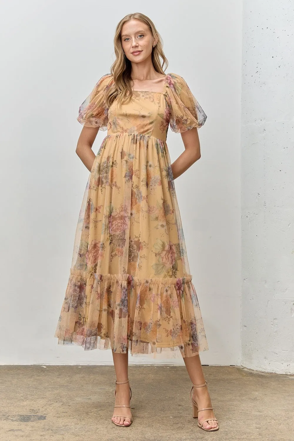 Yellow Floral Tulle Puff Sleeve Midi Dress sold by Pinkblush