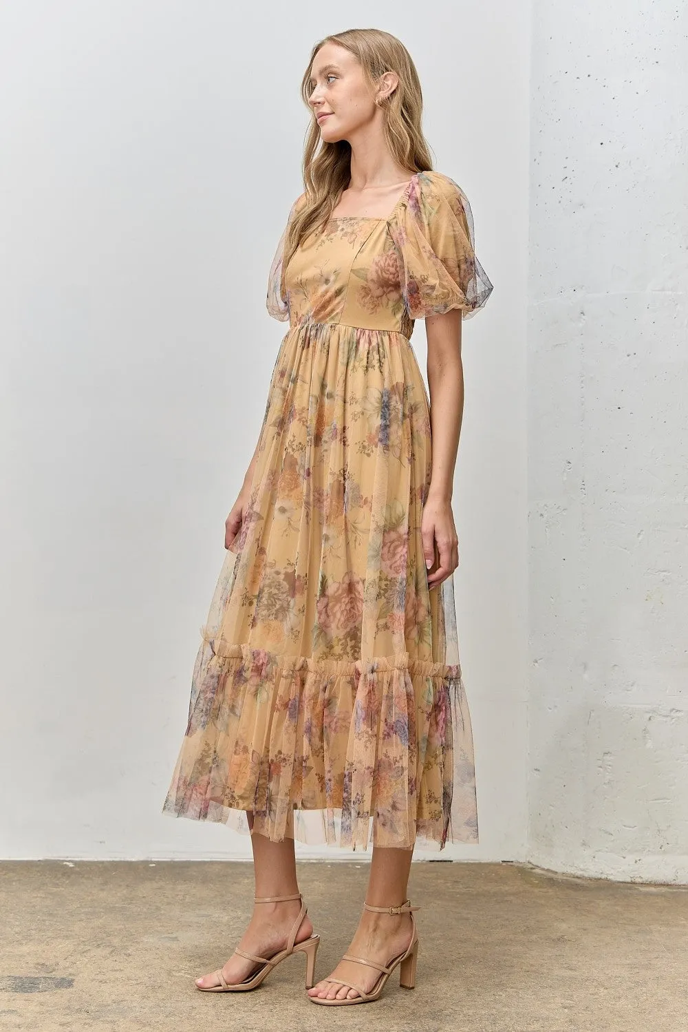 Yellow Floral Tulle Puff Sleeve Midi Dress sold by Pinkblush product image thumbnail 2