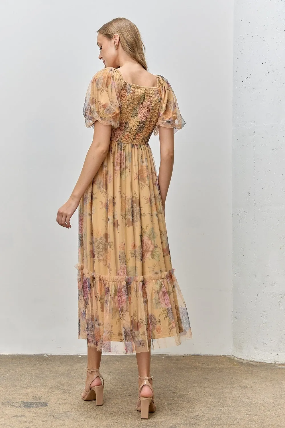 Yellow Floral Tulle Puff Sleeve Midi Dress sold by Pinkblush product image thumbnail 3