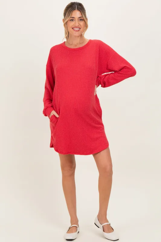 Red Rib Knit Long Sleeve Maternity Dress sold by Pinkblush