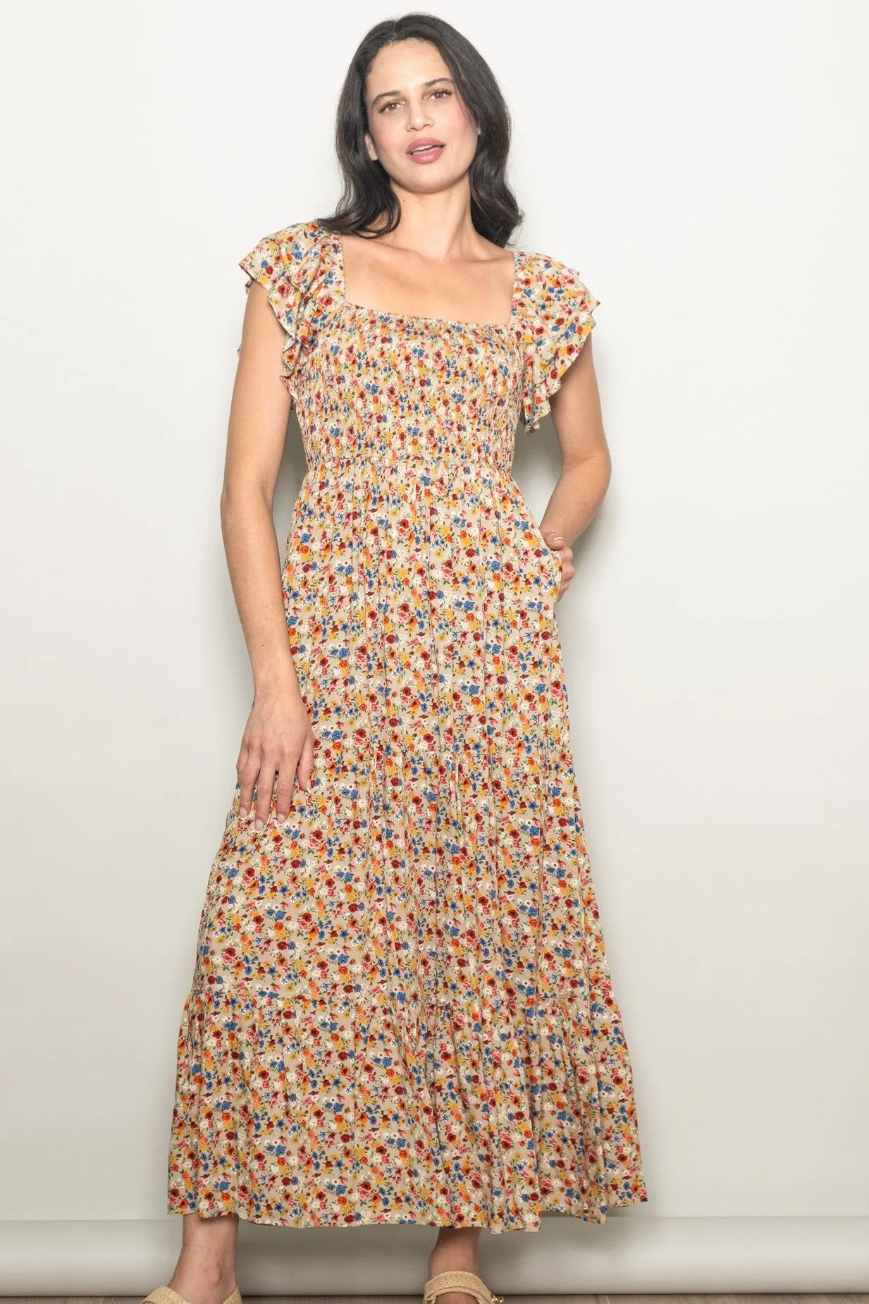 Camel Floral Off Shoulder Smocked Maternity Maxi Dress sold by Pinkblush product image thumbnail 5