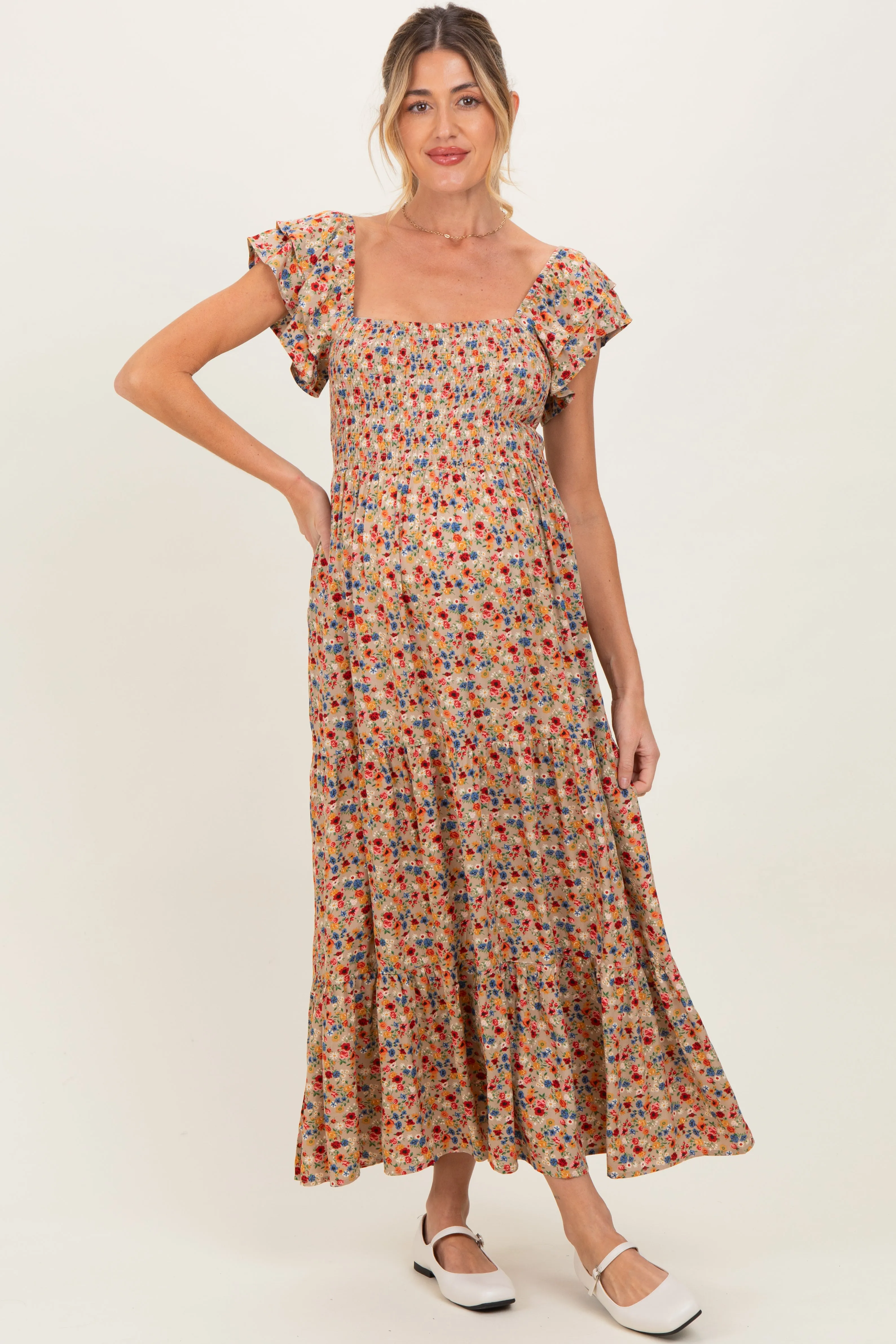 Camel Floral Off Shoulder Smocked Maternity Maxi Dress sold by Pinkblush product image thumbnail 2