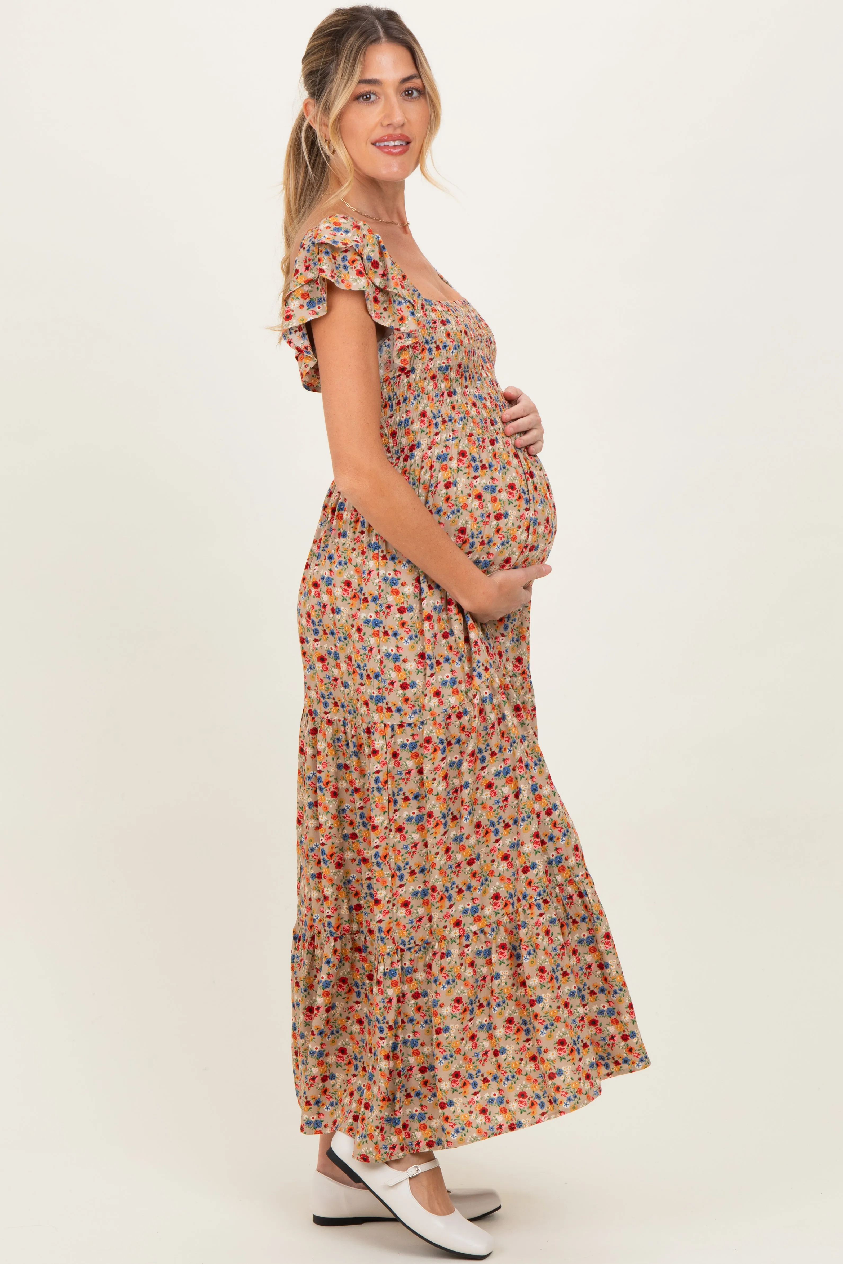 Camel Floral Off Shoulder Smocked Maternity Maxi Dress sold by Pinkblush product image thumbnail 3