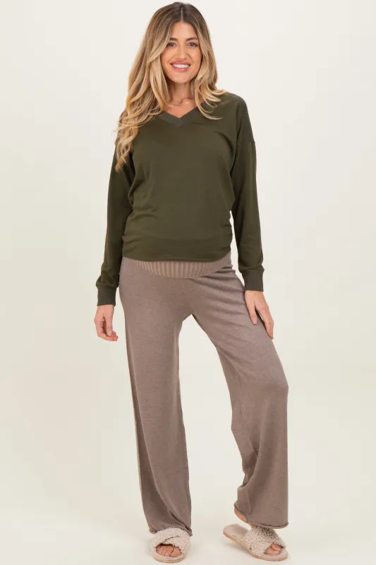 Mocha Ribbed Knit Foldover Waist Maternity Pants sold by Pinkblush