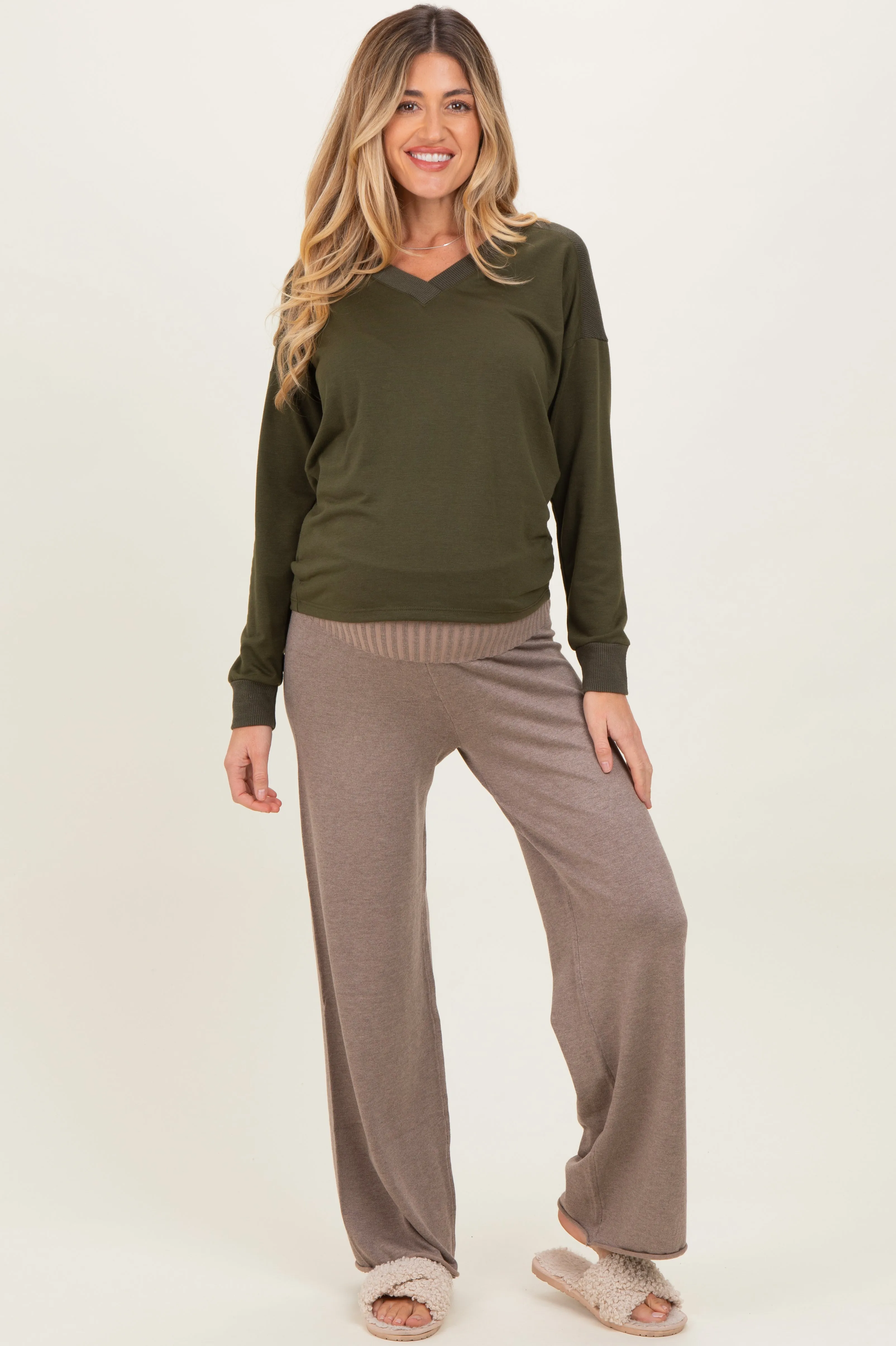 Mocha Ribbed Knit Foldover Waist Maternity Pants sold by Pinkblush