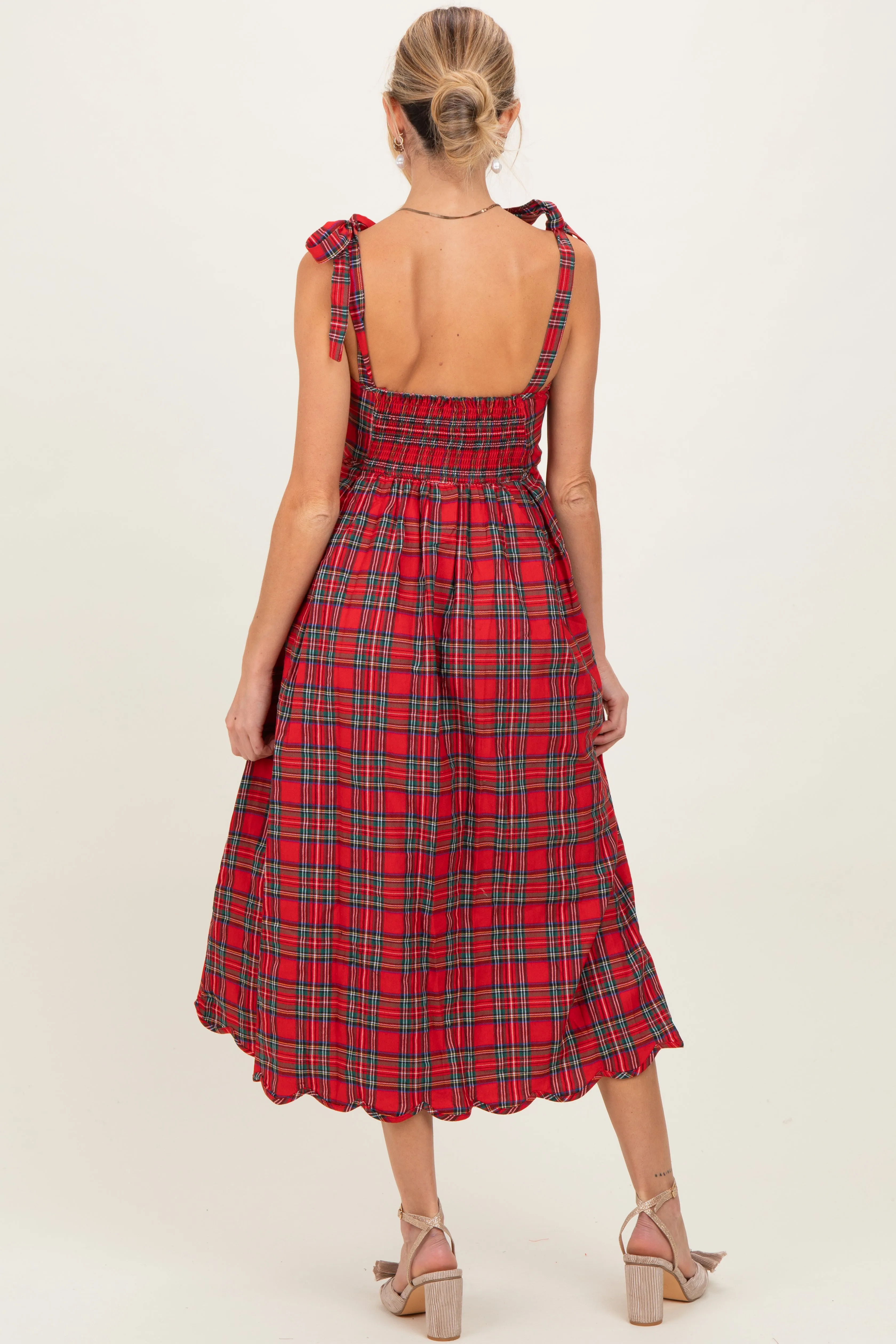 Red Plaid Shoulder Tie Scallop Hem Maternity Midi Dress sold by Pinkblush product image thumbnail 4