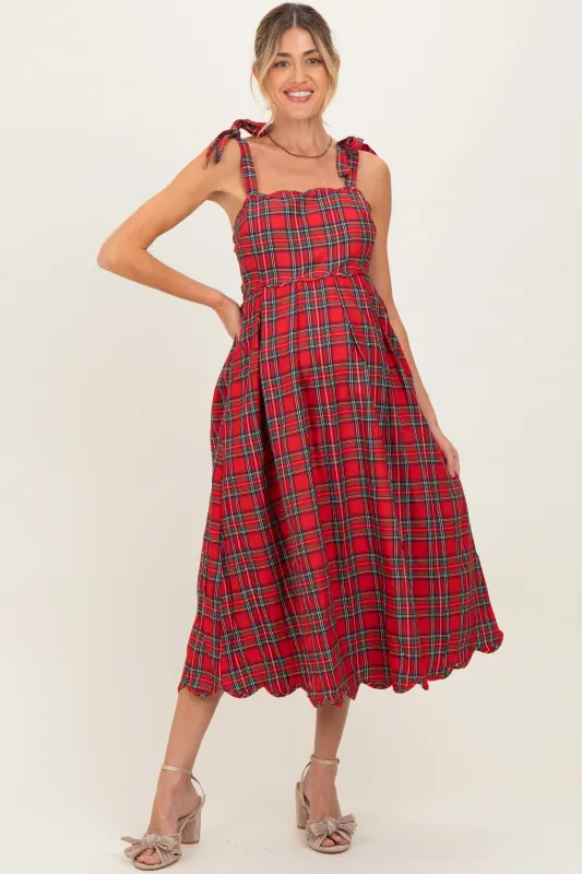 Red Plaid Shoulder Tie Scallop Hem Maternity Midi Dress sold by Pinkblush