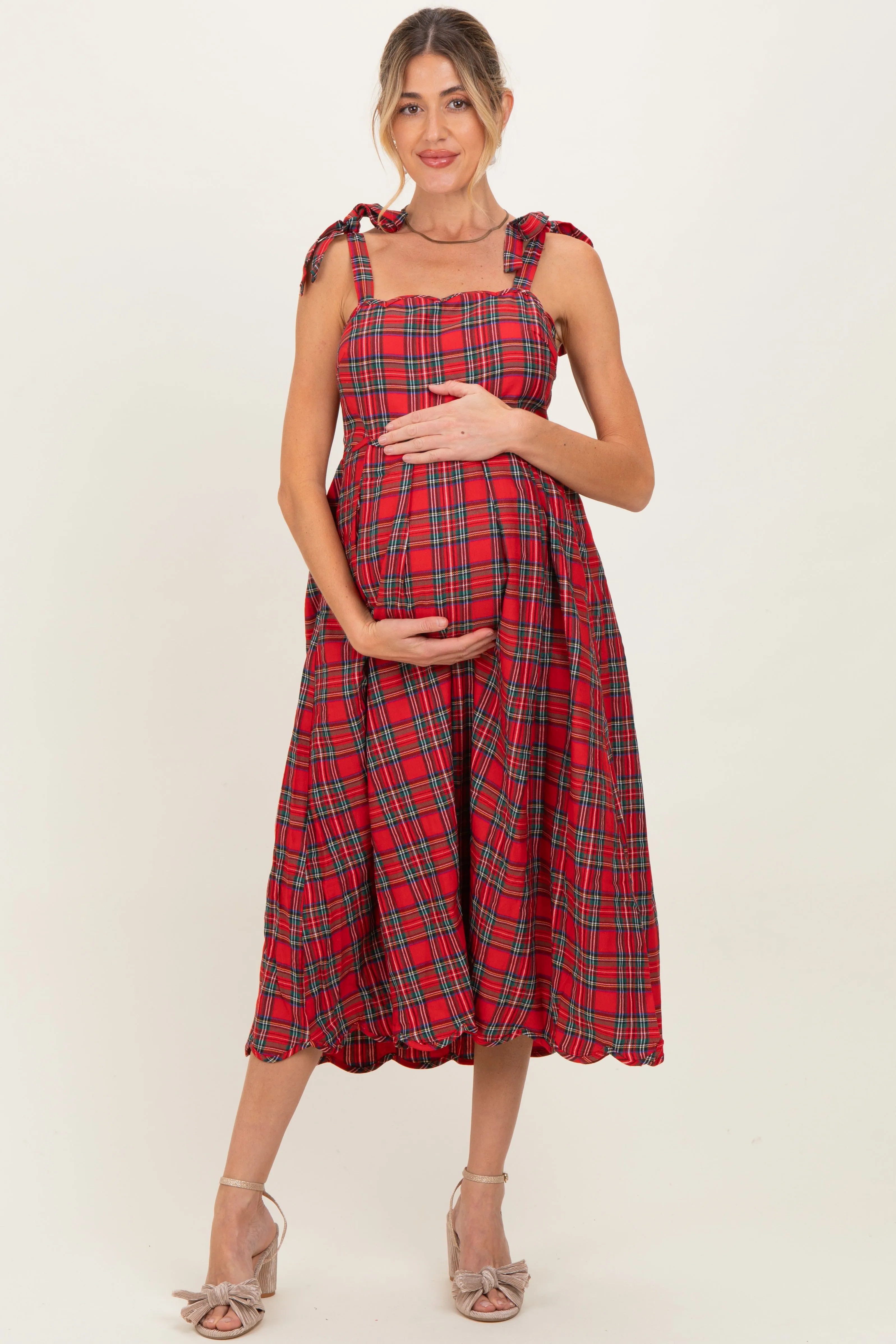 Red Plaid Shoulder Tie Scallop Hem Maternity Midi Dress sold by Pinkblush product image thumbnail 2