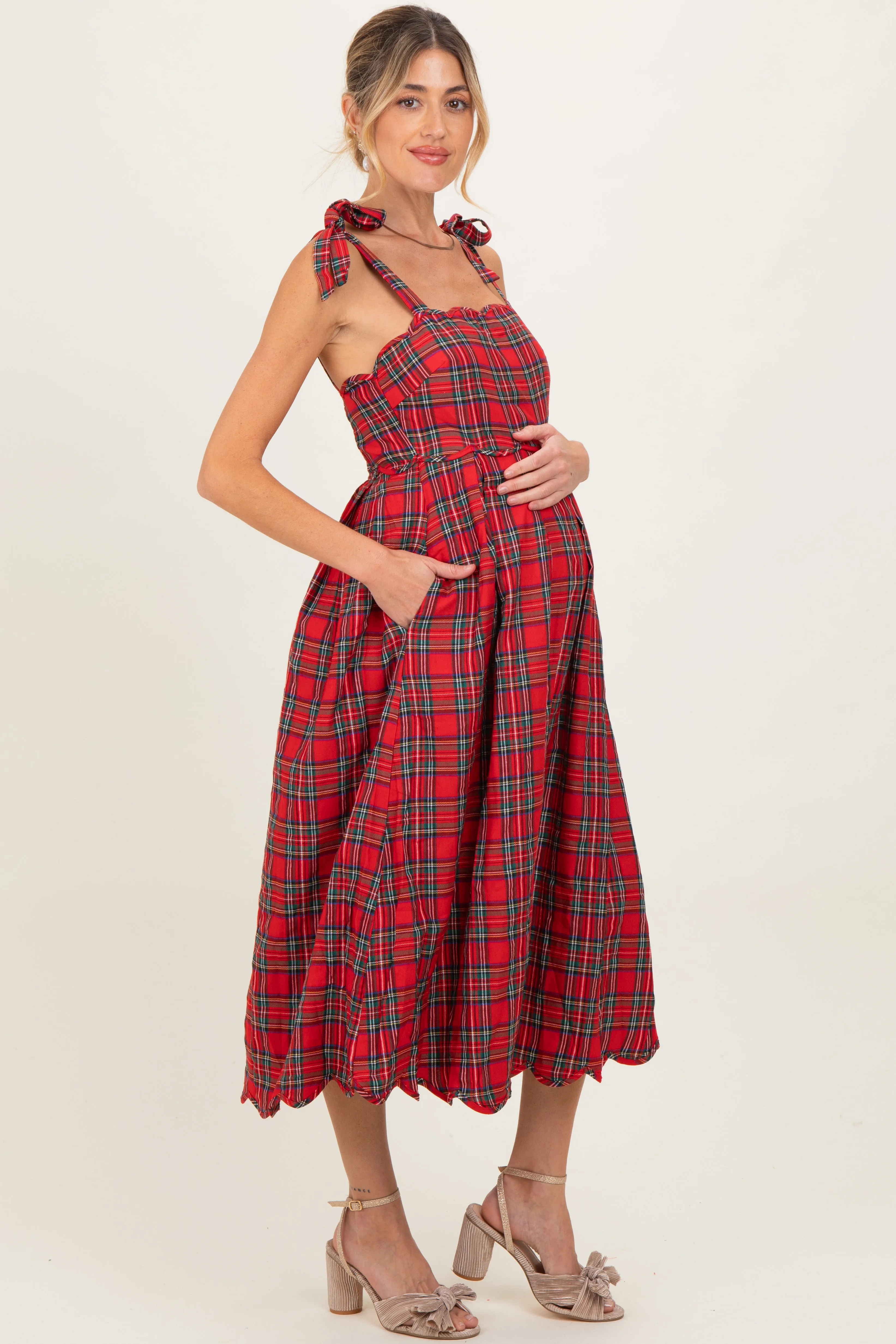 Red Plaid Shoulder Tie Scallop Hem Maternity Midi Dress sold by Pinkblush product image thumbnail 3