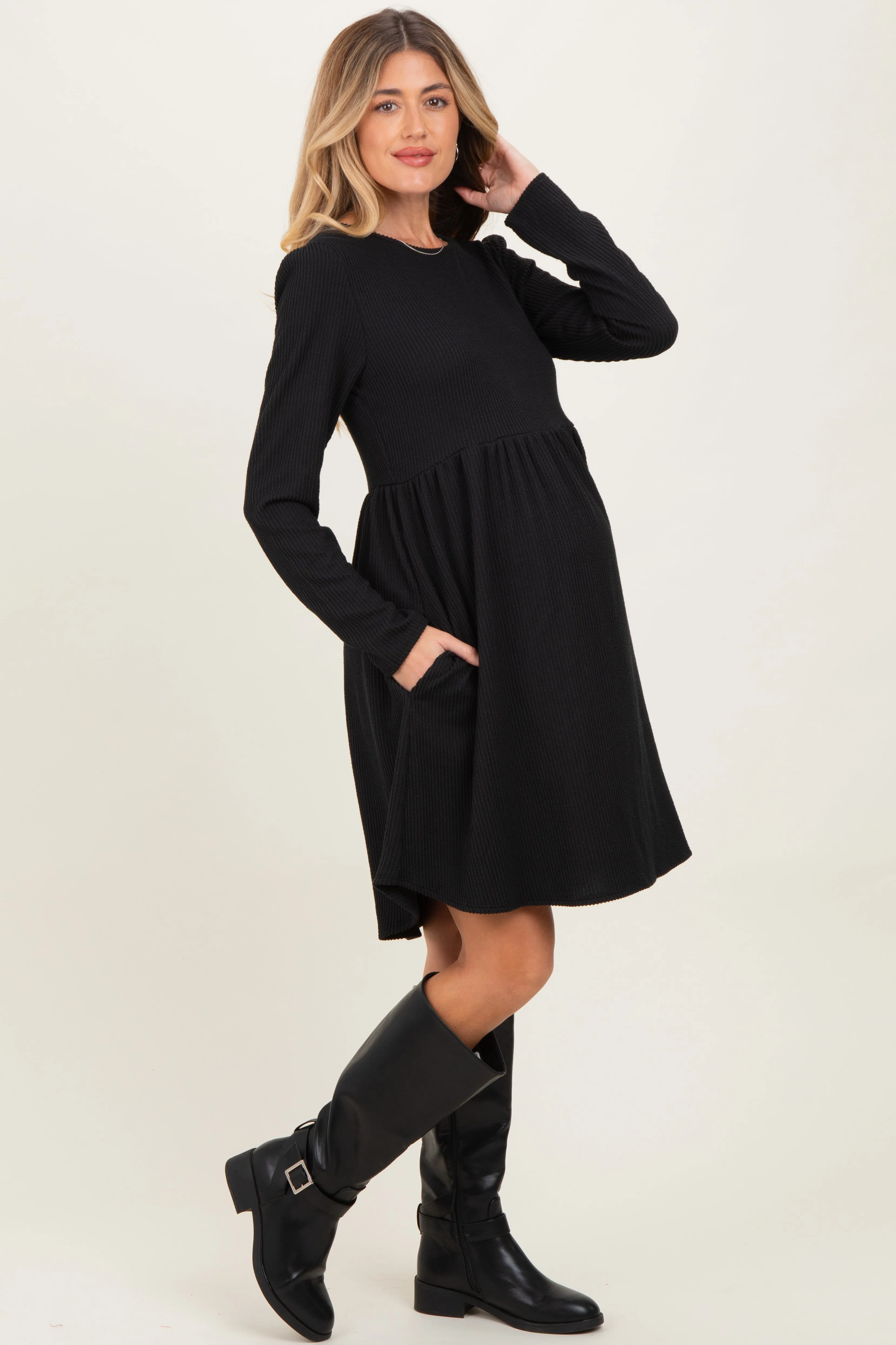 Black Textured Rib Long Sleeve Maternity Dress sold by Pinkblush product image thumbnail 3