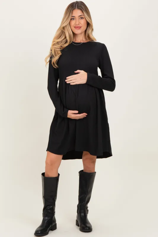 Black Textured Rib Long Sleeve Maternity Dress sold by Pinkblush