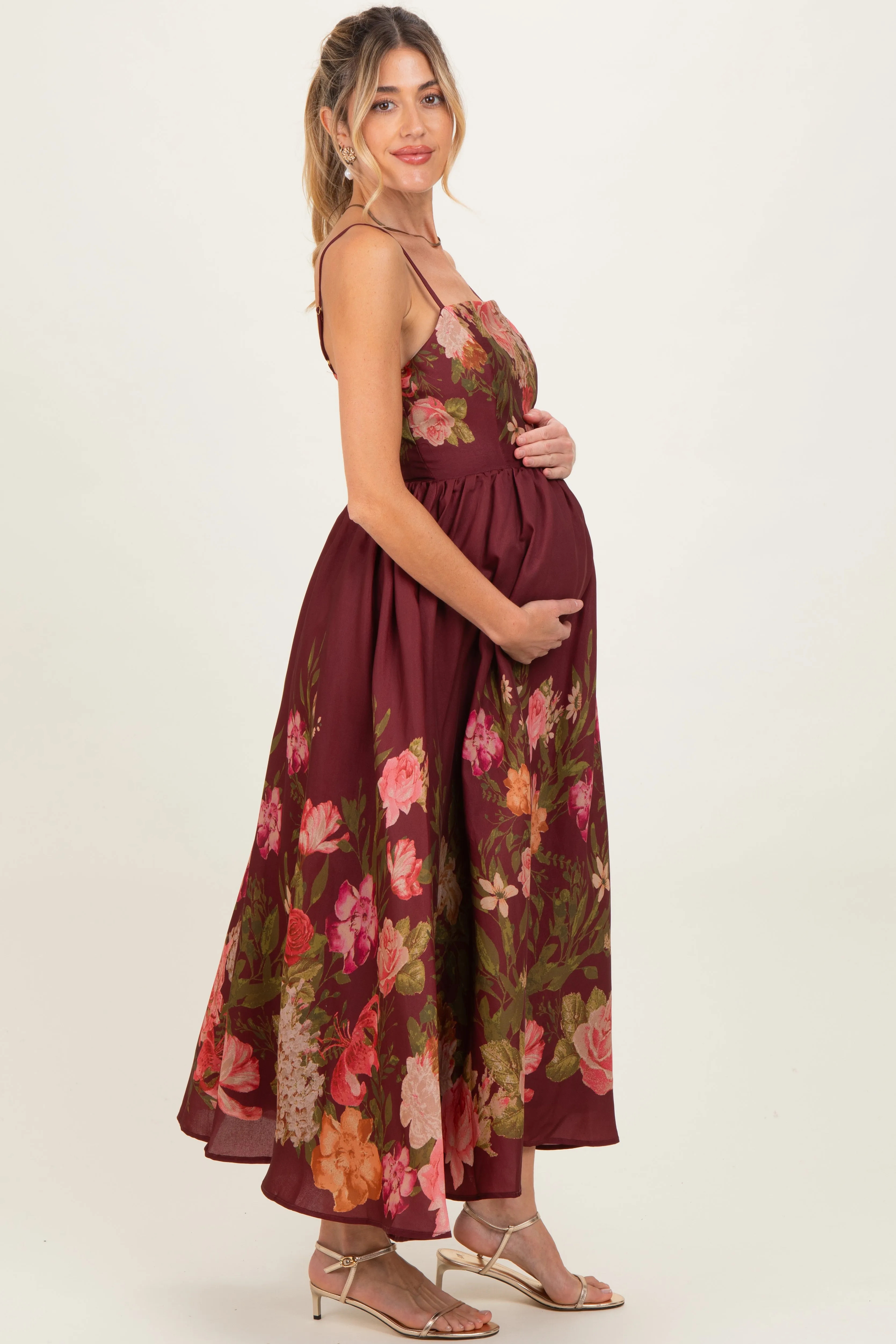 Burgundy Floral Thin Strap Maternity Maxi Dress sold by Pinkblush product image thumbnail 3