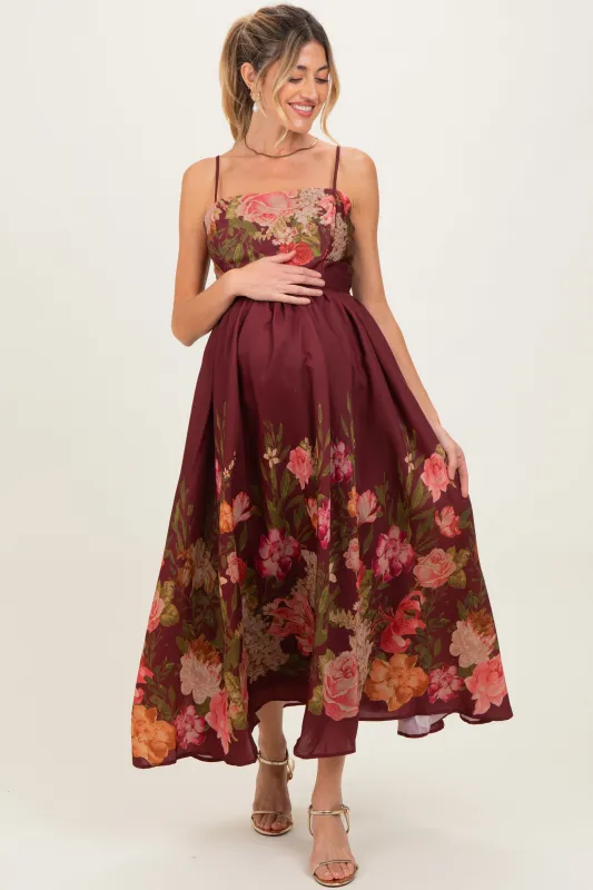 Burgundy Floral Thin Strap Maternity Maxi Dress sold by Pinkblush