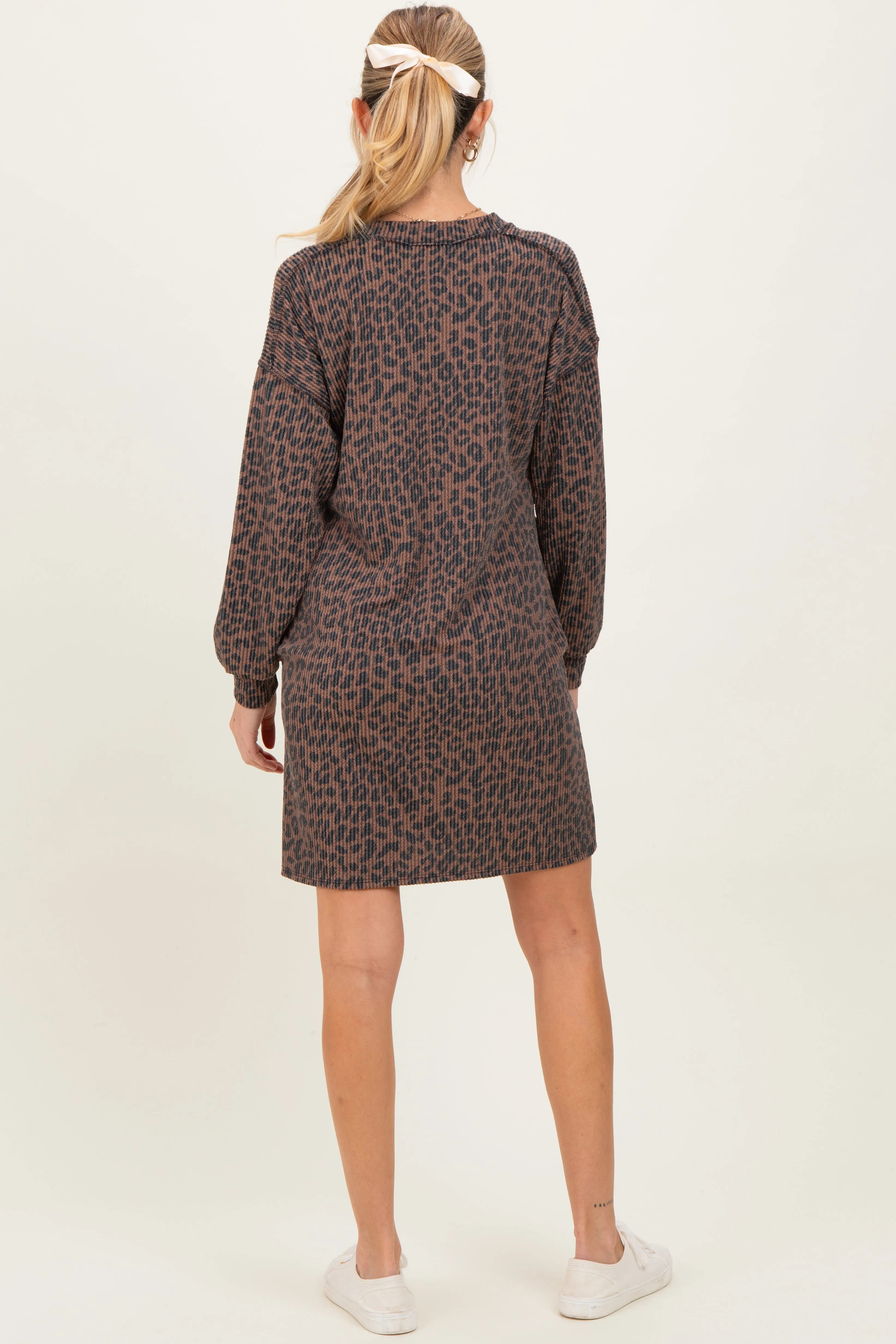 Brown Animal Print Ribbed Long Sleeve Maternity Dress sold by Pinkblush product image thumbnail 4