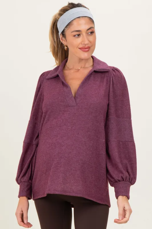 Plum Brushed Colorblock Long Sleeve Collared V-Neck Maternity Top sold by Pinkblush