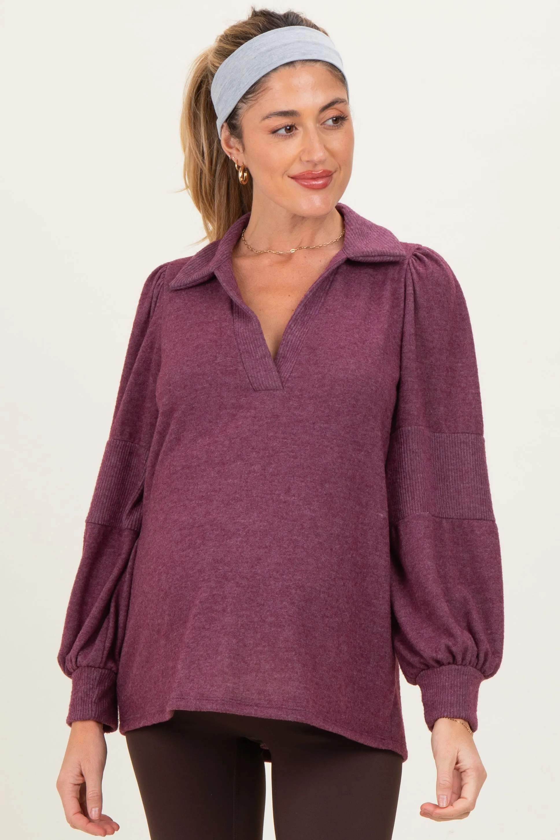Plum Brushed Colorblock Long Sleeve Collared V-Neck Maternity Top sold by Pinkblush