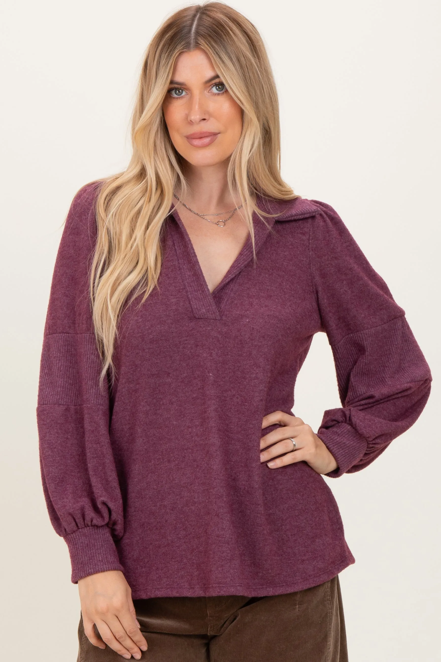 Plum Brushed Colorblock Long Sleeve Collared V-Neck Maternity Top sold by Pinkblush product image thumbnail 5
