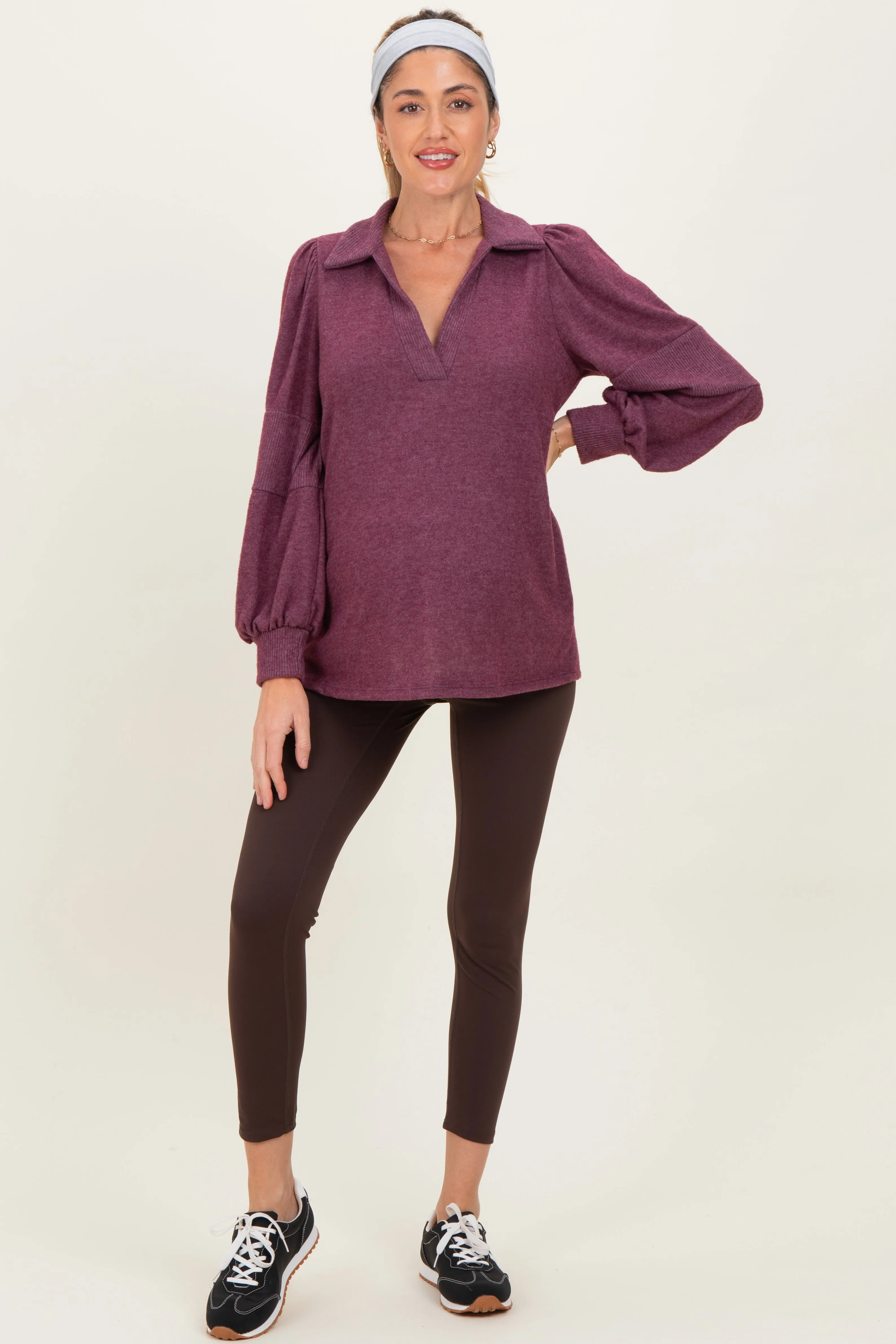 Plum Brushed Colorblock Long Sleeve Collared V-Neck Maternity Top sold by Pinkblush product image thumbnail 2