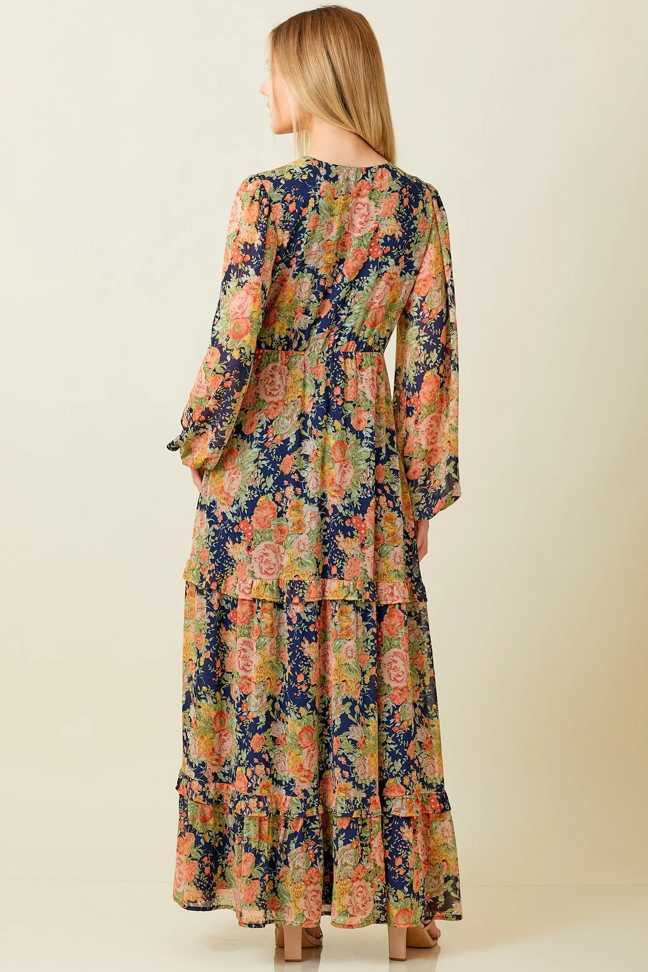 Navy Floral Deep V-Neck Tiered Maxi Dress sold by Pinkblush product image thumbnail 3