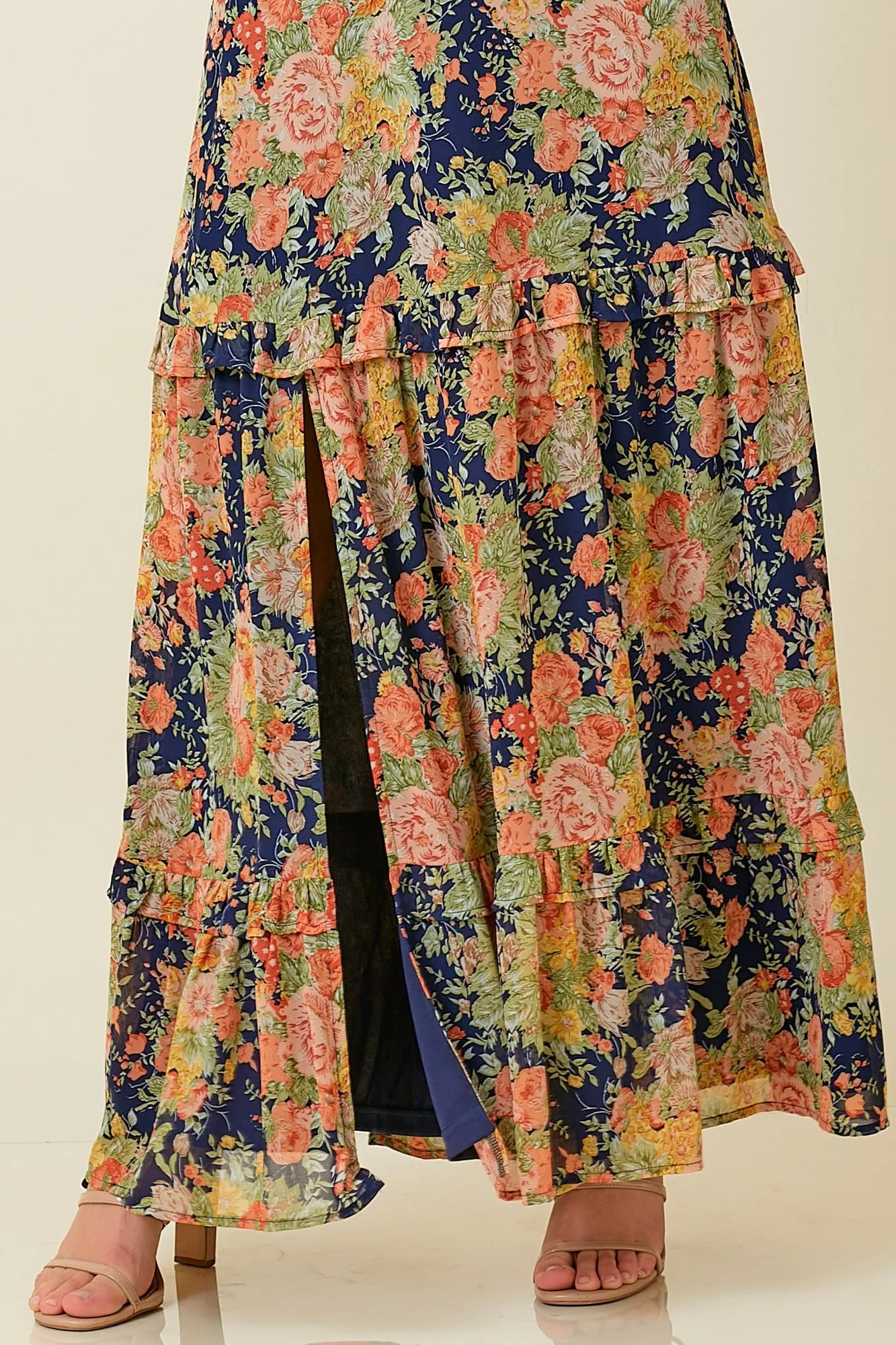 Navy Floral Deep V-Neck Tiered Maxi Dress sold by Pinkblush product image thumbnail 4