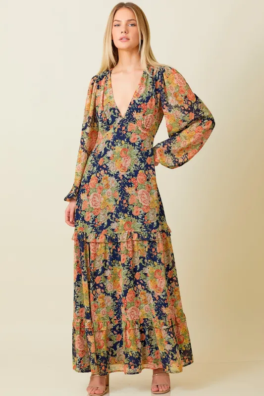 Navy Floral Deep V-Neck Tiered Maxi Dress sold by Pinkblush
