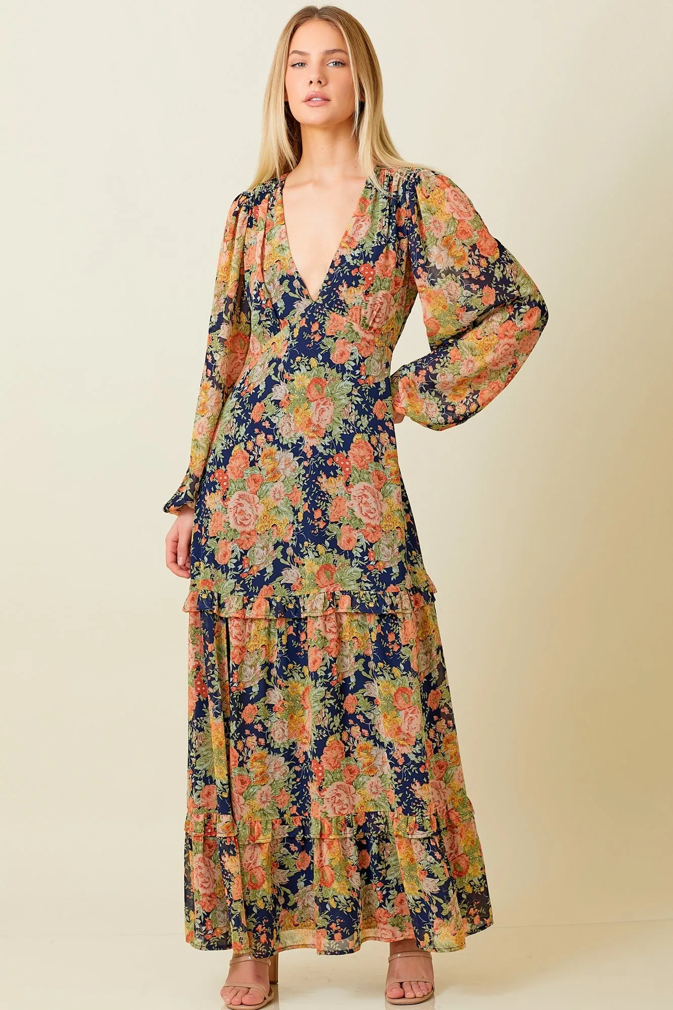 Navy Floral Deep V-Neck Tiered Maxi Dress sold by Pinkblush