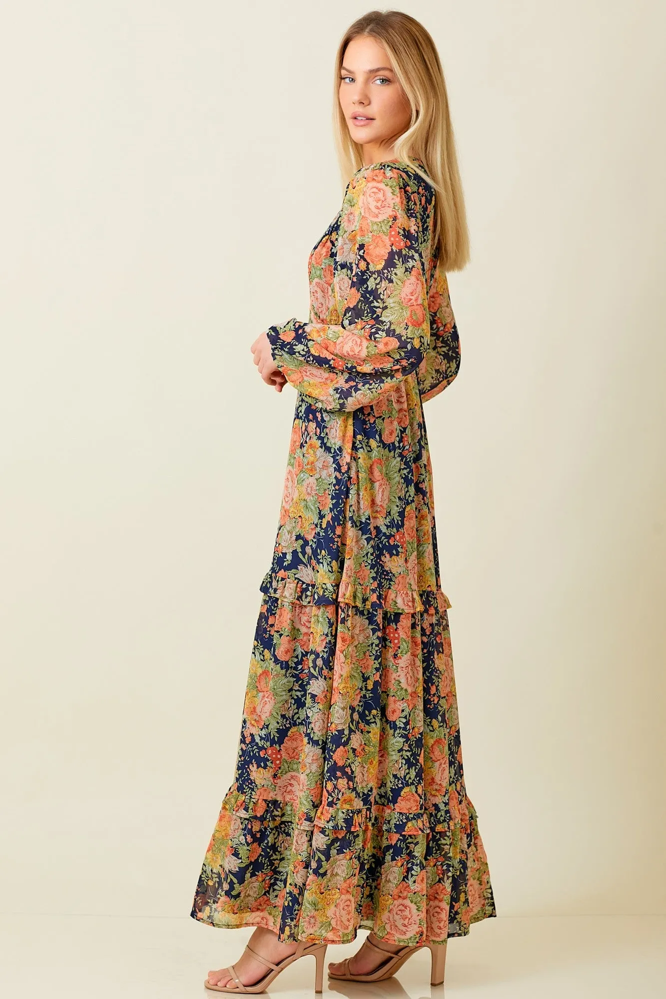 Navy Floral Deep V-Neck Tiered Maxi Dress sold by Pinkblush product image thumbnail 2