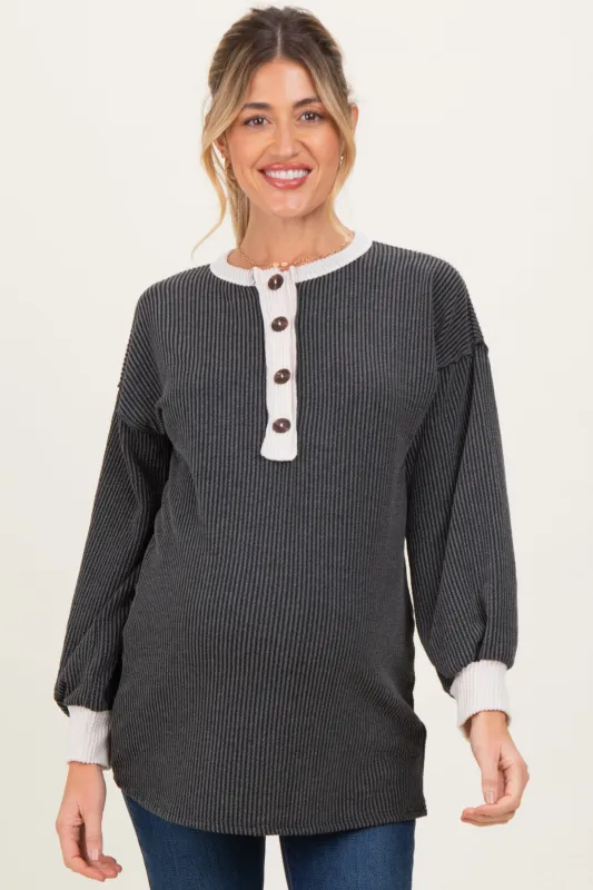 Charcoal Long Sleeve Contrast Button Detail Rib Maternity Top sold by Pinkblush