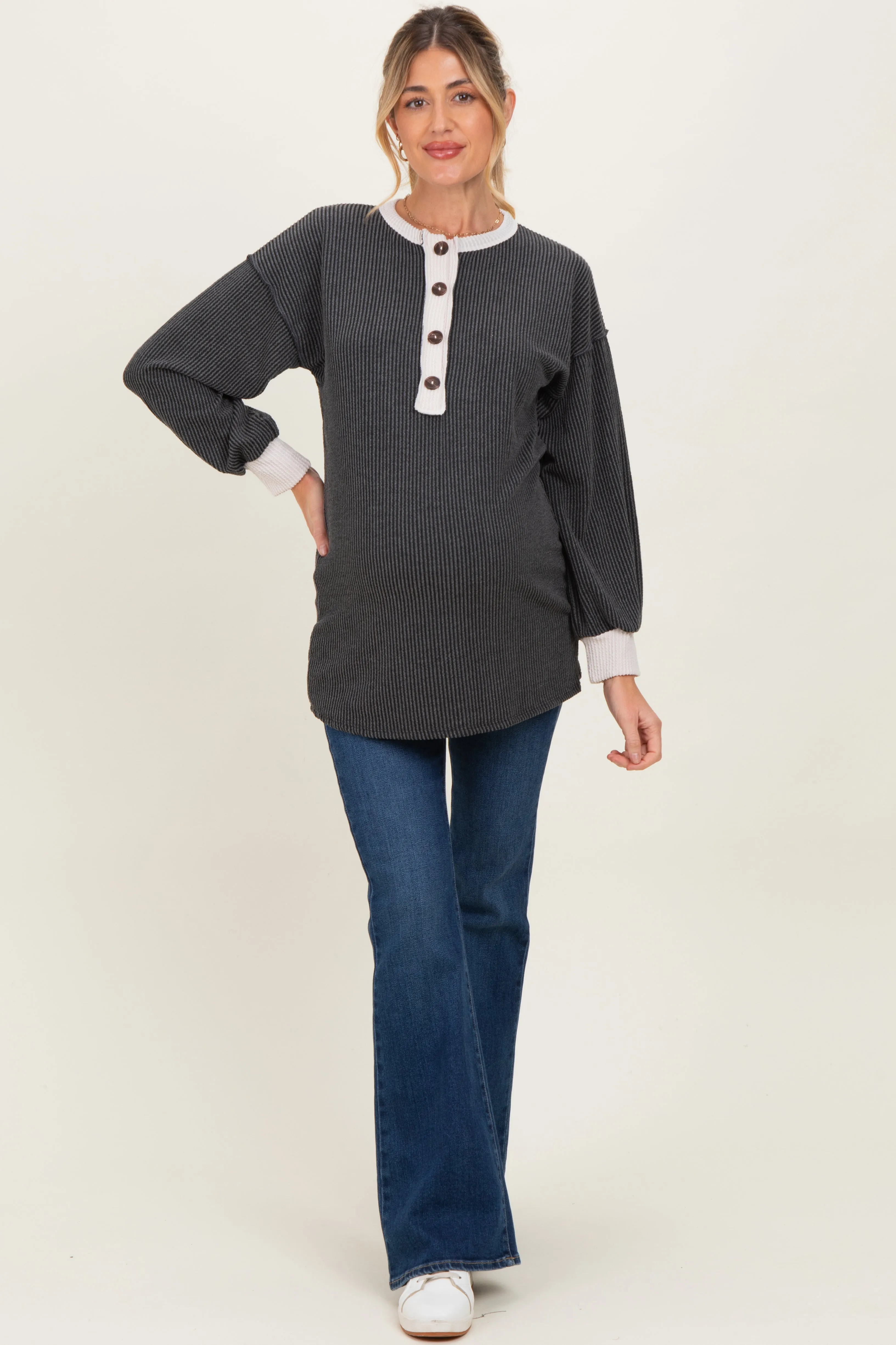Charcoal Long Sleeve Contrast Button Detail Rib Maternity Top sold by Pinkblush product image thumbnail 2