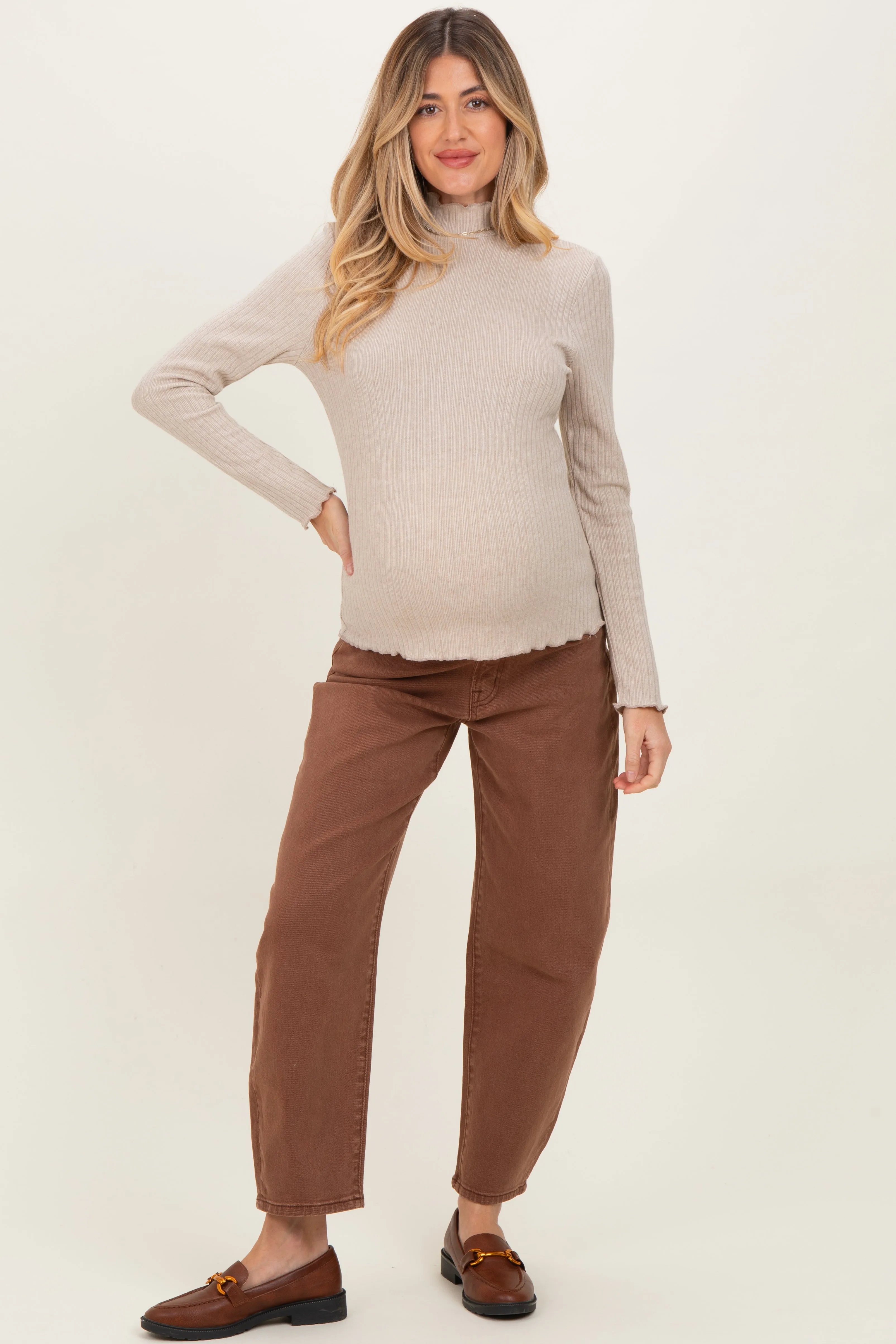 Beige Ribbed Mock Neck Ruffle Hem Maternity Long Sleeve Top sold by Pinkblush product image thumbnail 2