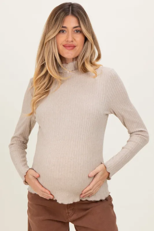 Beige Ribbed Mock Neck Ruffle Hem Maternity Long Sleeve Top sold by Pinkblush