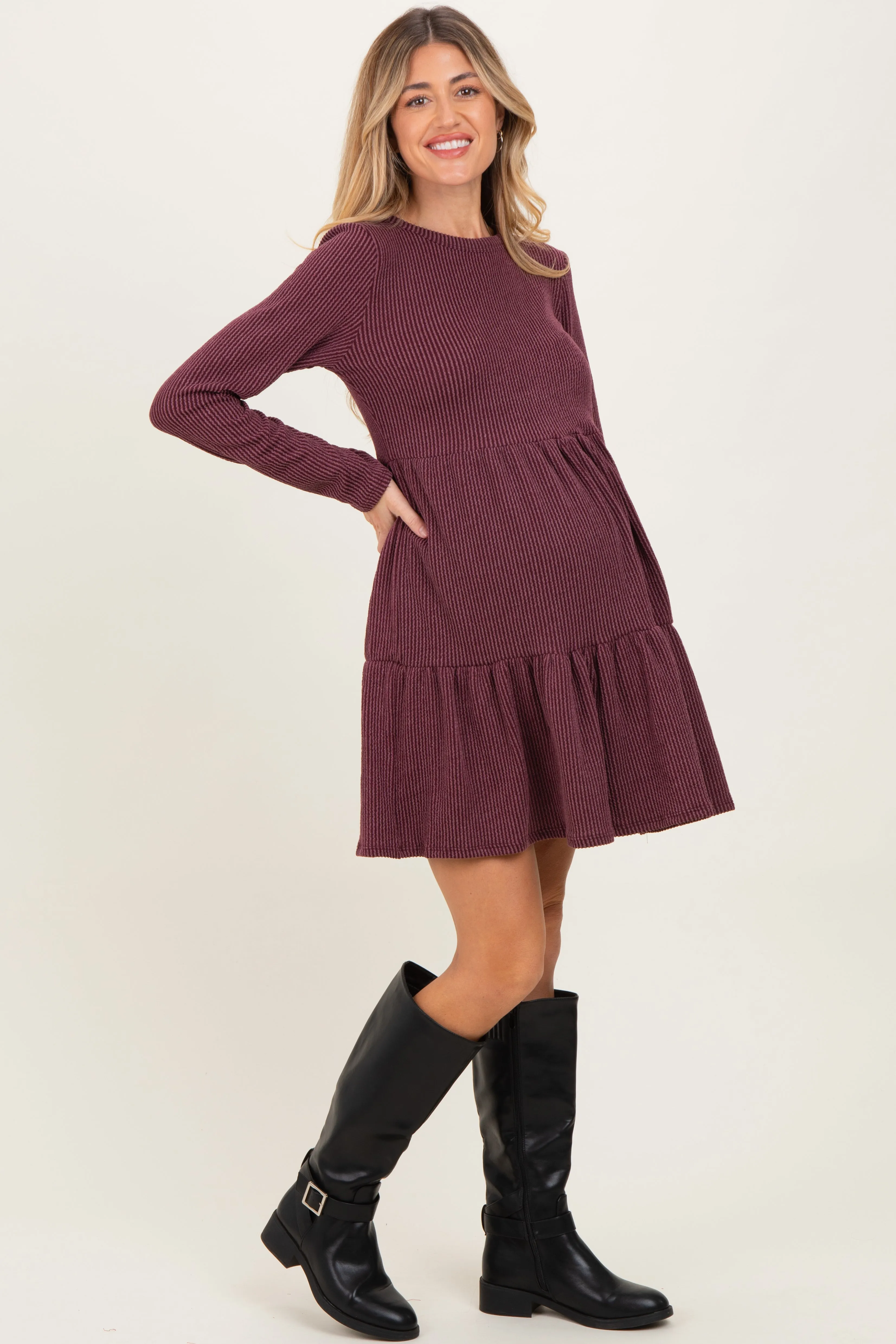 Burgundy Textured Rib Tiered Long Sleeve Maternity Dress sold by Pinkblush product image thumbnail 3