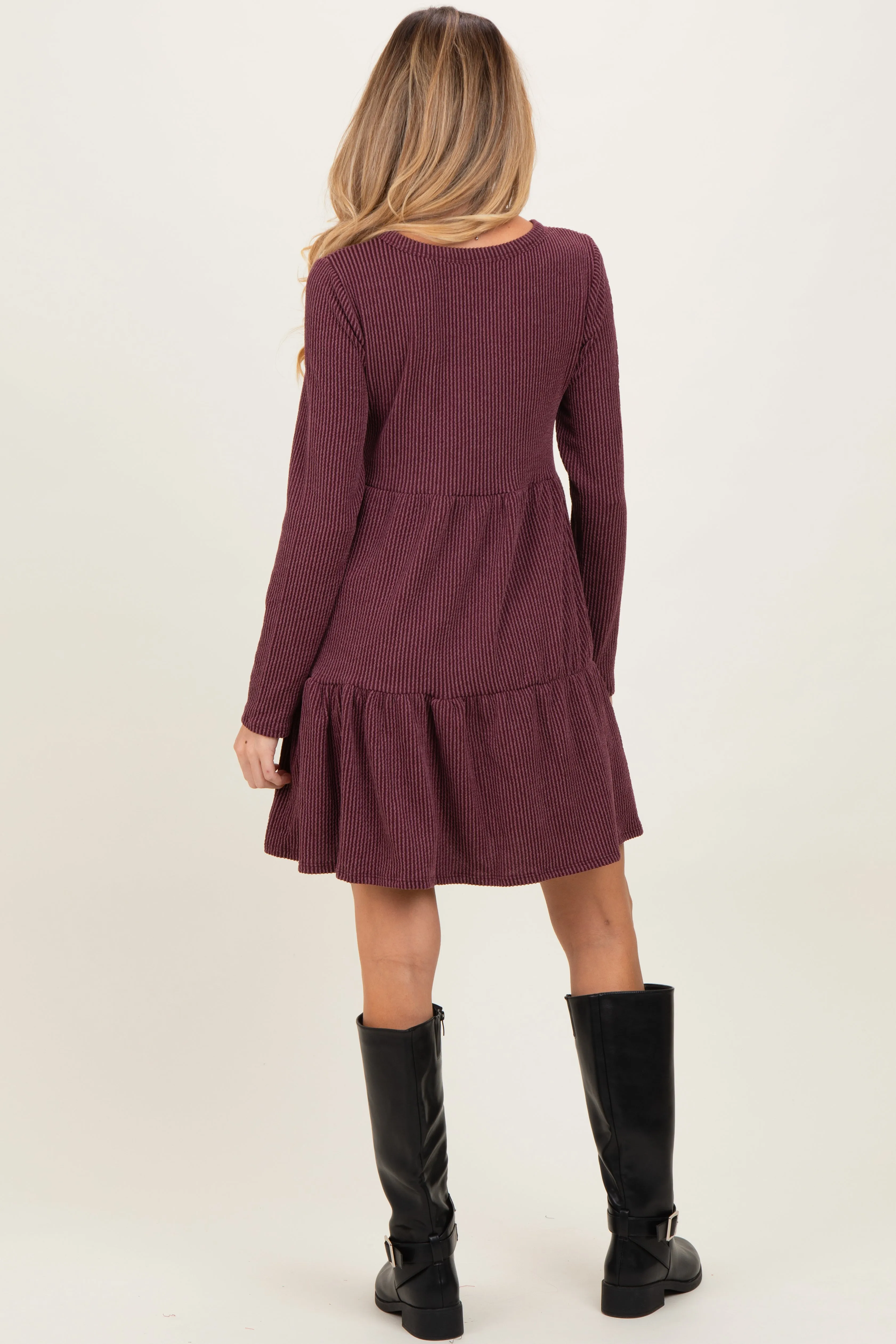 Burgundy Textured Rib Tiered Long Sleeve Maternity Dress sold by Pinkblush product image thumbnail 4