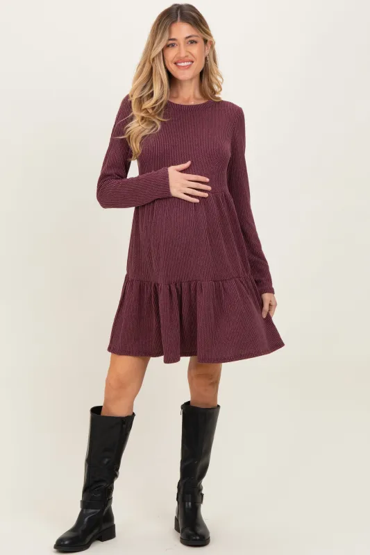 Burgundy Textured Rib Tiered Long Sleeve Maternity Dress sold by Pinkblush