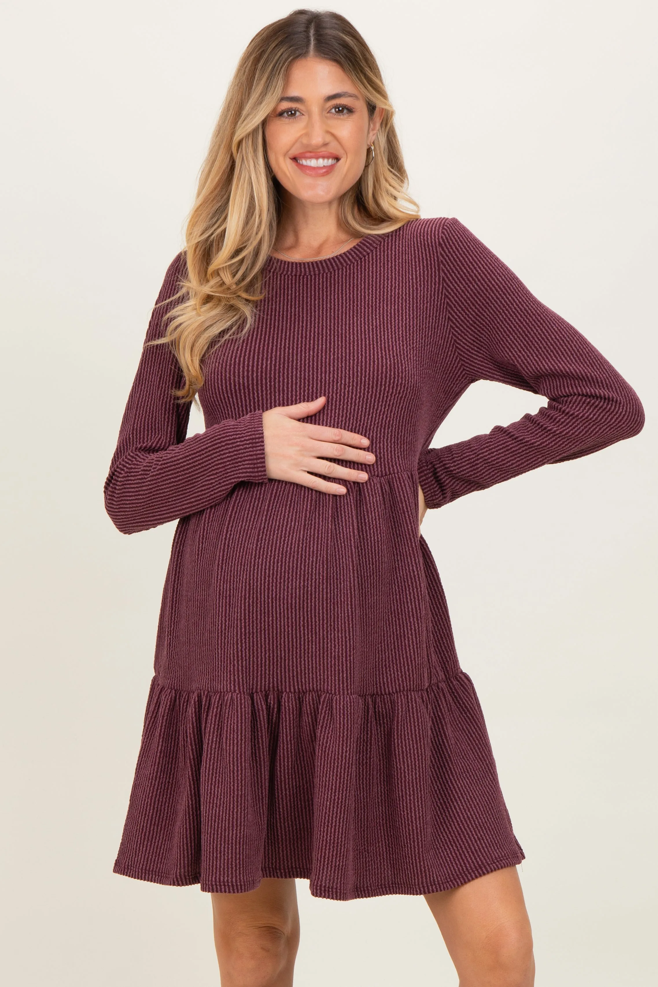 Burgundy Textured Rib Tiered Long Sleeve Maternity Dress sold by Pinkblush product image thumbnail 2