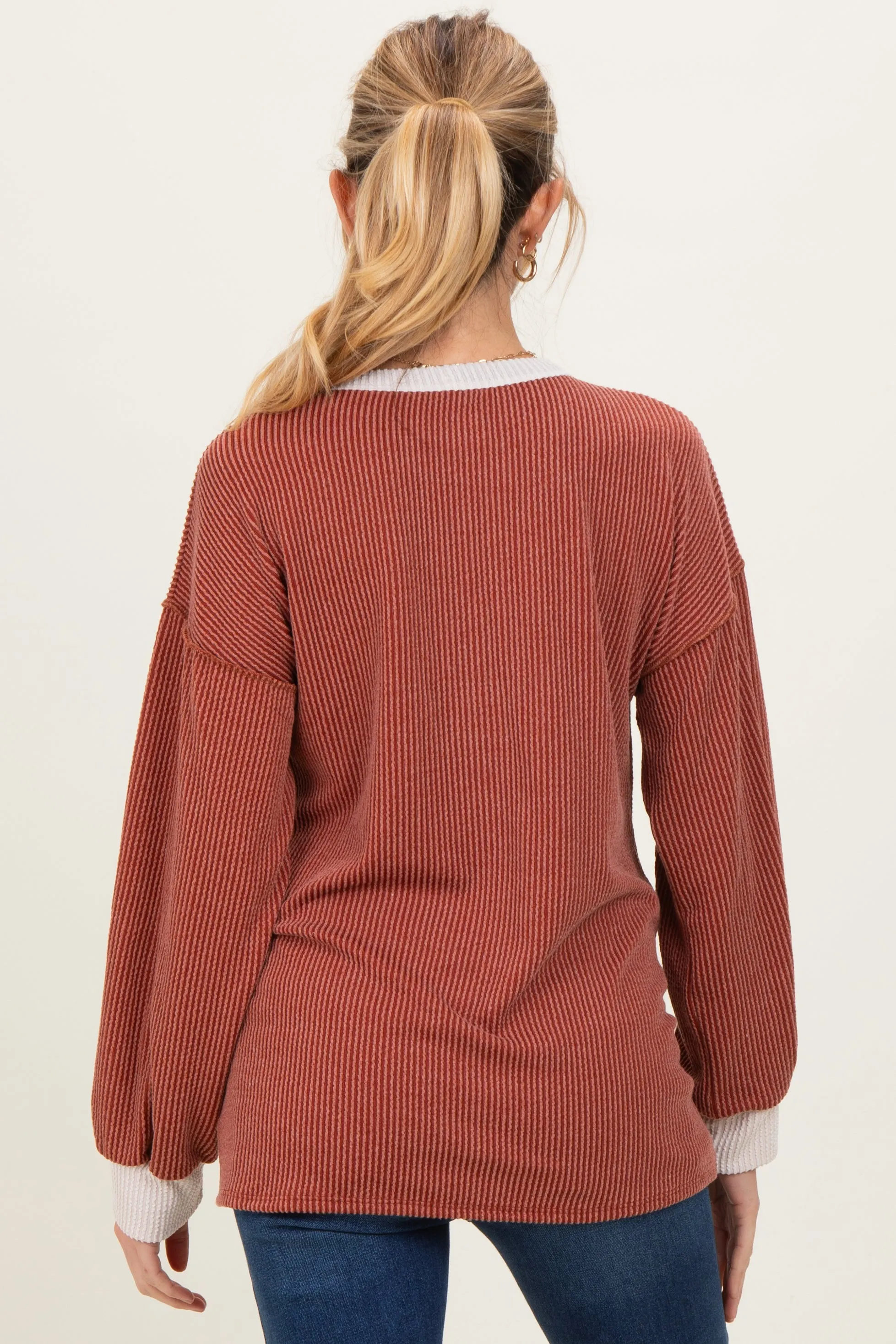 Rust Long Sleeve Contrast Button Detail Rib Maternity Top sold by Pinkblush product image thumbnail 4