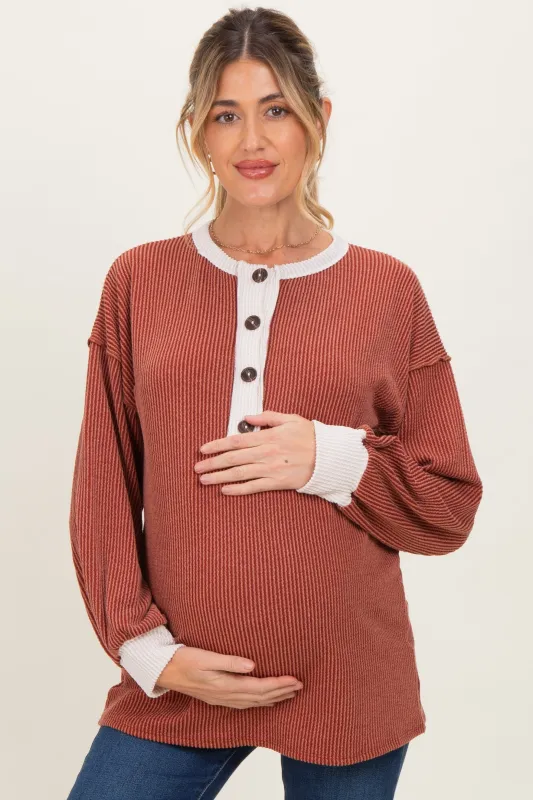 Rust Long Sleeve Contrast Button Detail Rib Maternity Top sold by Pinkblush