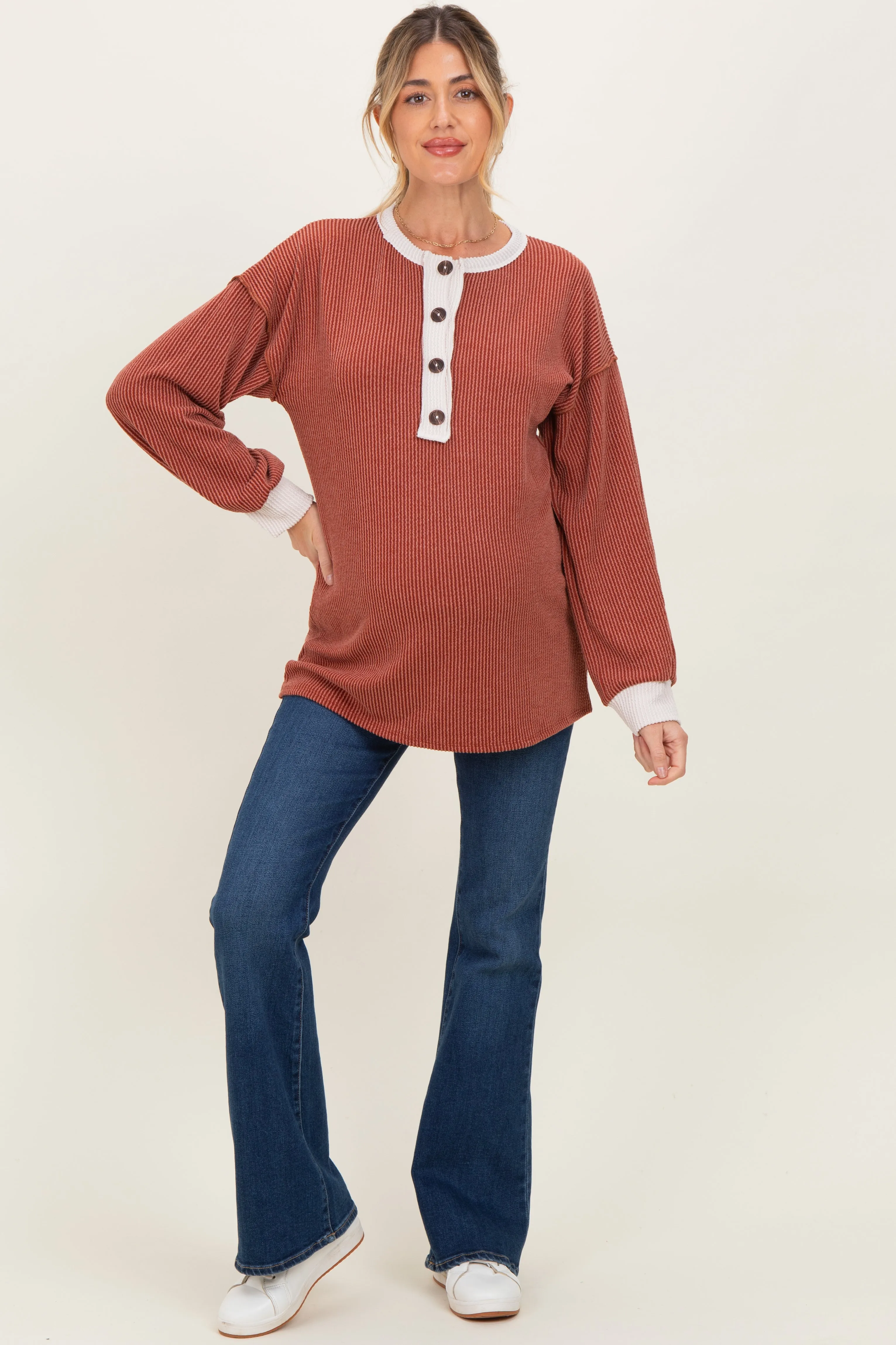 Rust Long Sleeve Contrast Button Detail Rib Maternity Top sold by Pinkblush product image thumbnail 2