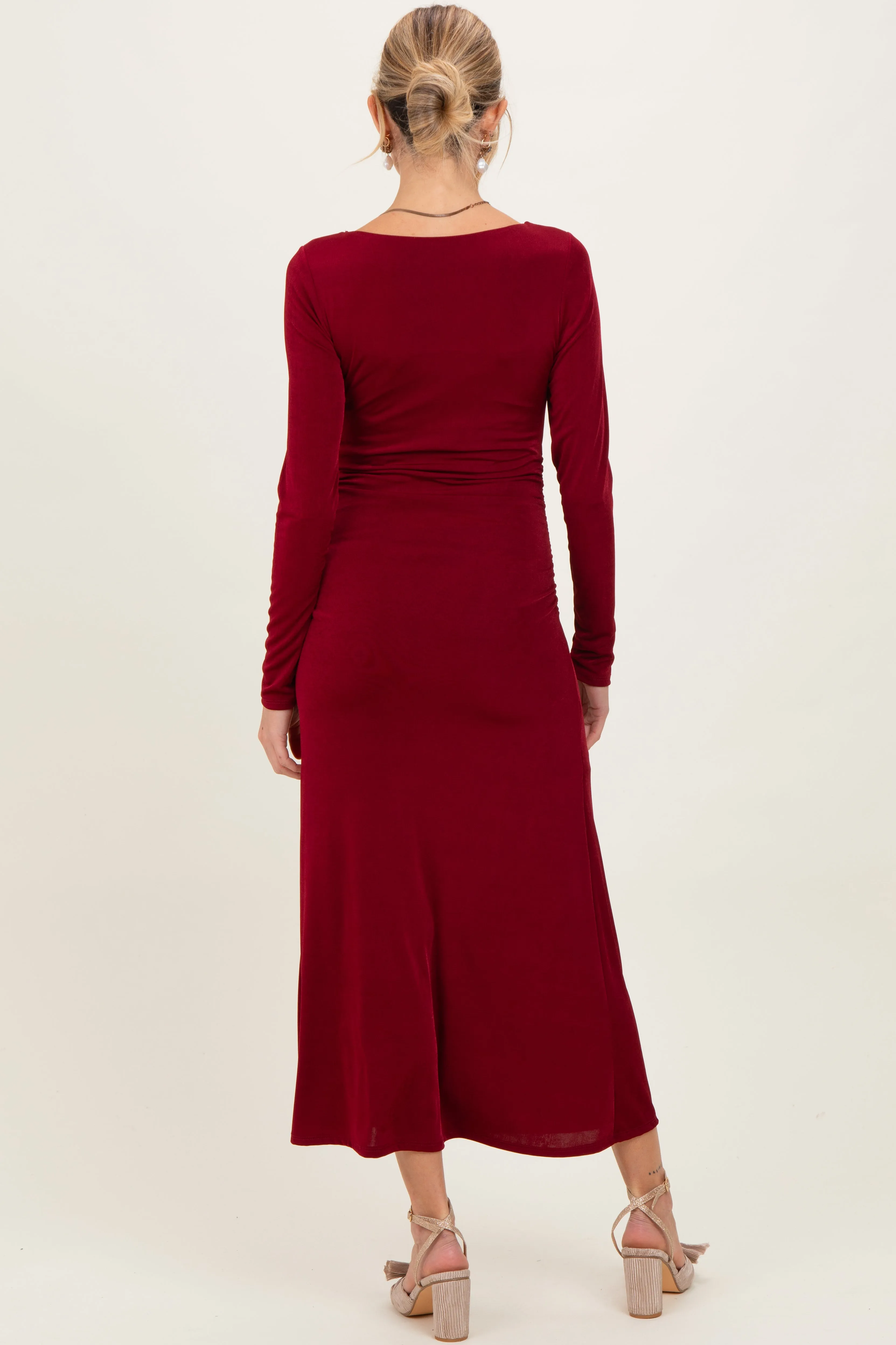 Burgundy Square Neck Long Sleeve Ruched Maternity Midi Dress sold by Pinkblush product image thumbnail 4
