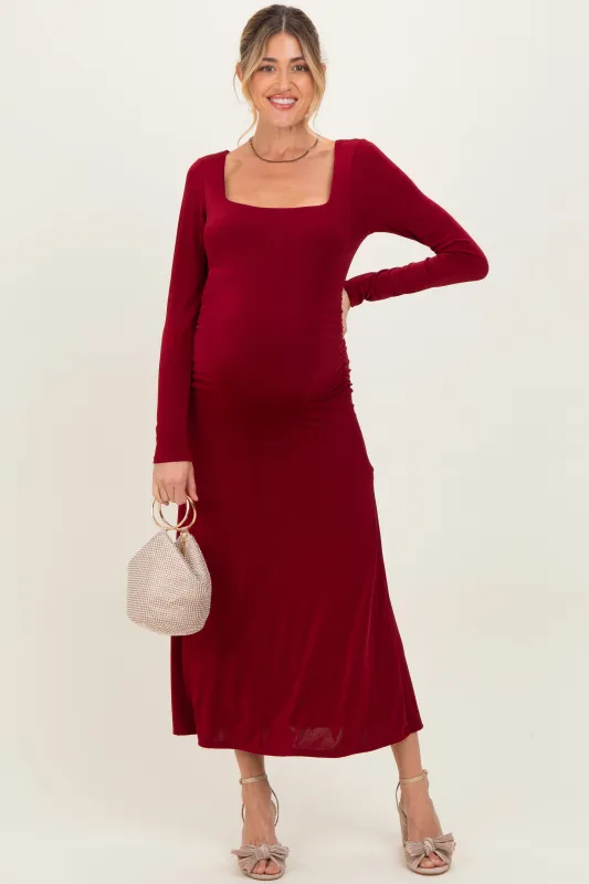 Burgundy Square Neck Long Sleeve Ruched Maternity Midi Dress sold by Pinkblush