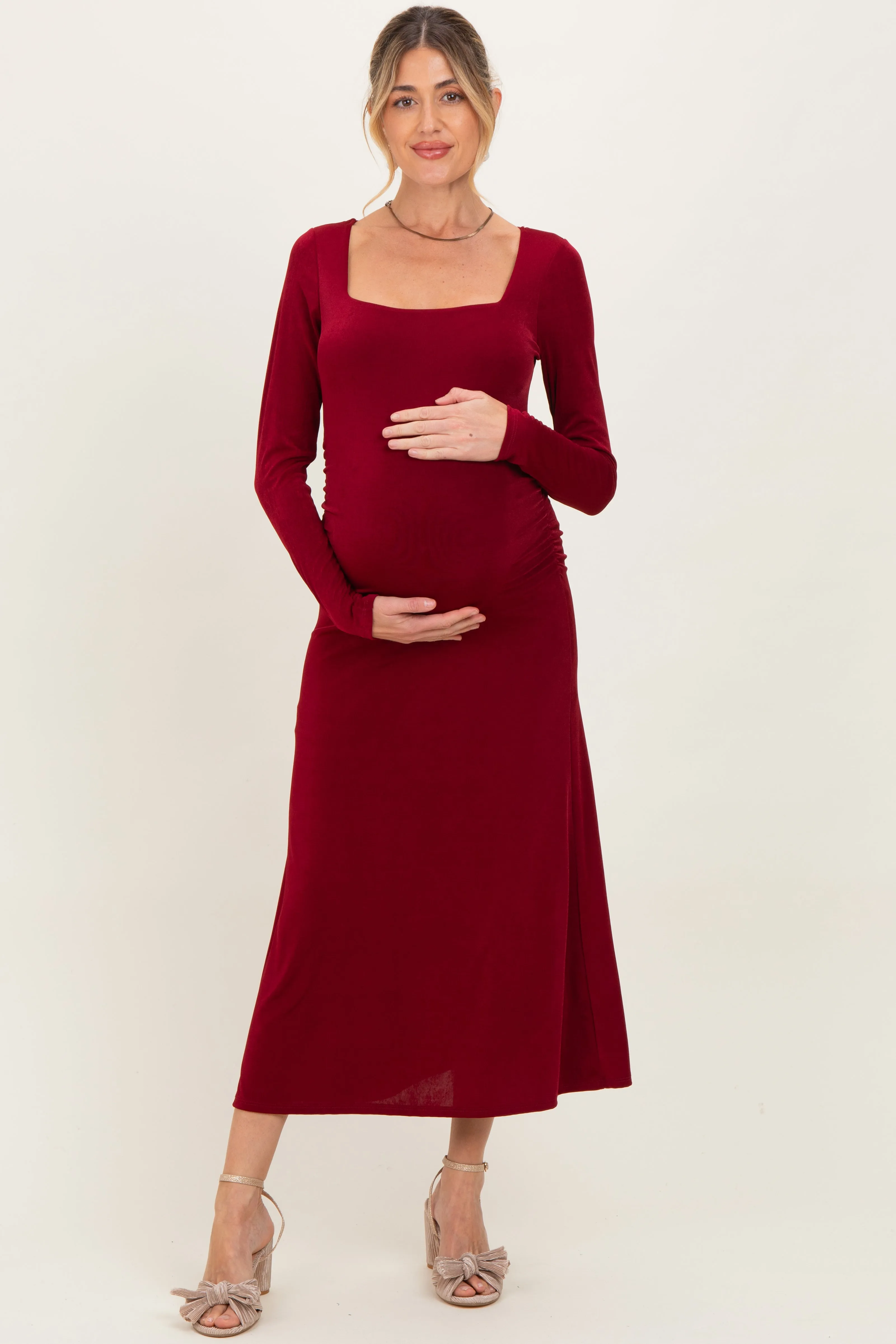 Burgundy Square Neck Long Sleeve Ruched Maternity Midi Dress sold by Pinkblush product image thumbnail 2