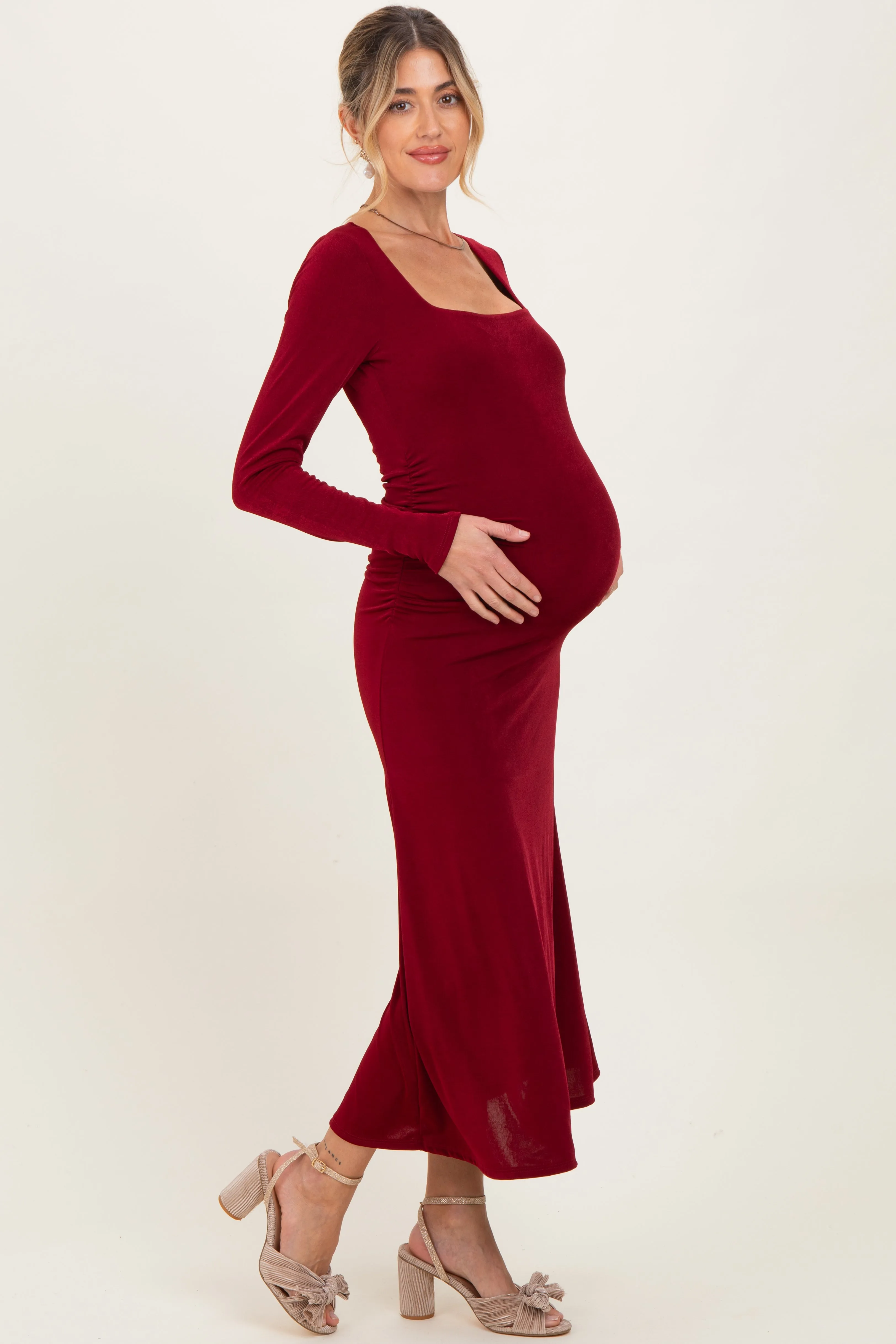 Burgundy Square Neck Long Sleeve Ruched Maternity Midi Dress sold by Pinkblush product image thumbnail 3