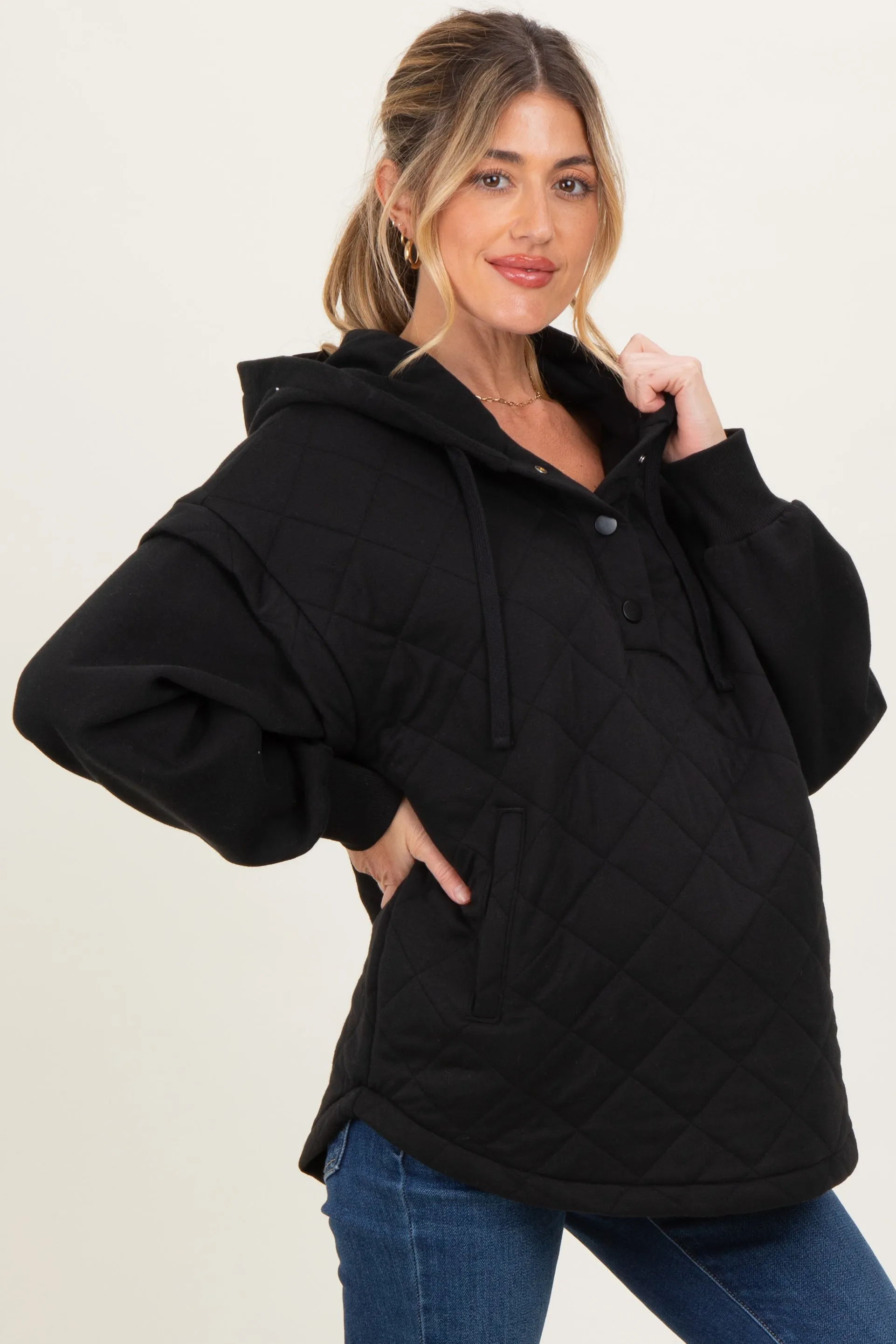 Black Quilted Contrast Maternity Button Hoodie sold by Pinkblush product image thumbnail 3